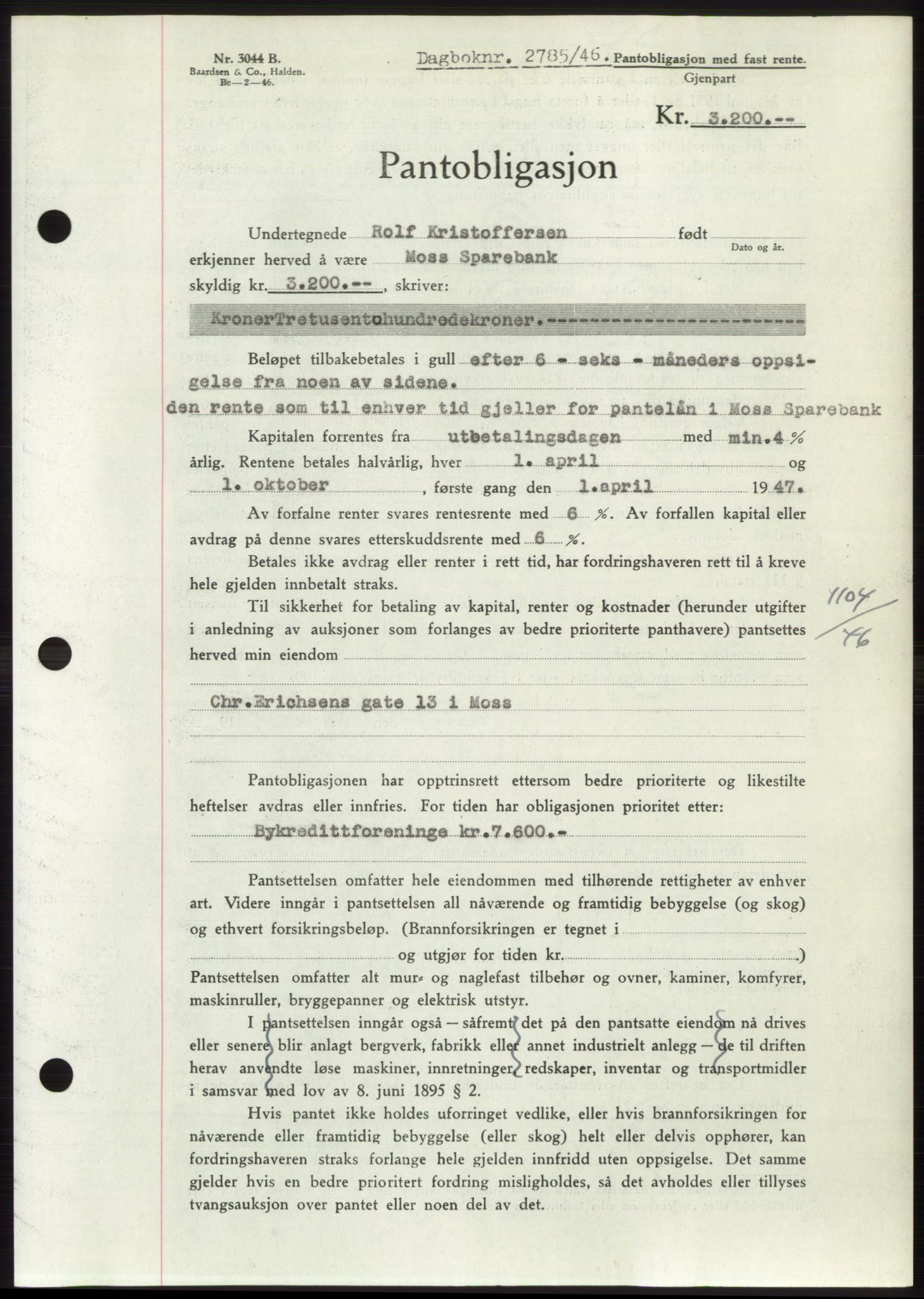 Moss sorenskriveri, SAO/A-10168: Pantebok nr. B16, 1946-1947, Dagboknr: 2785/1946