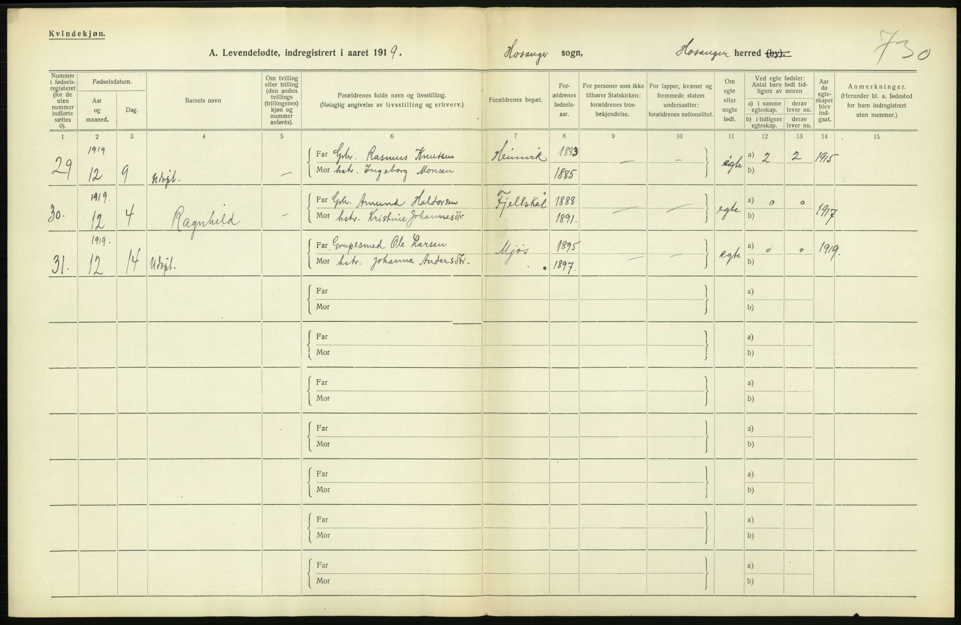 Statistisk sentralbyrå, Sosiodemografiske emner, Befolkning, RA/S-2228/D/Df/Dfb/Dfbi/L0031: Hordaland fylke: Levendefødte menn og kvinner. Bygder., 1919, s. 392