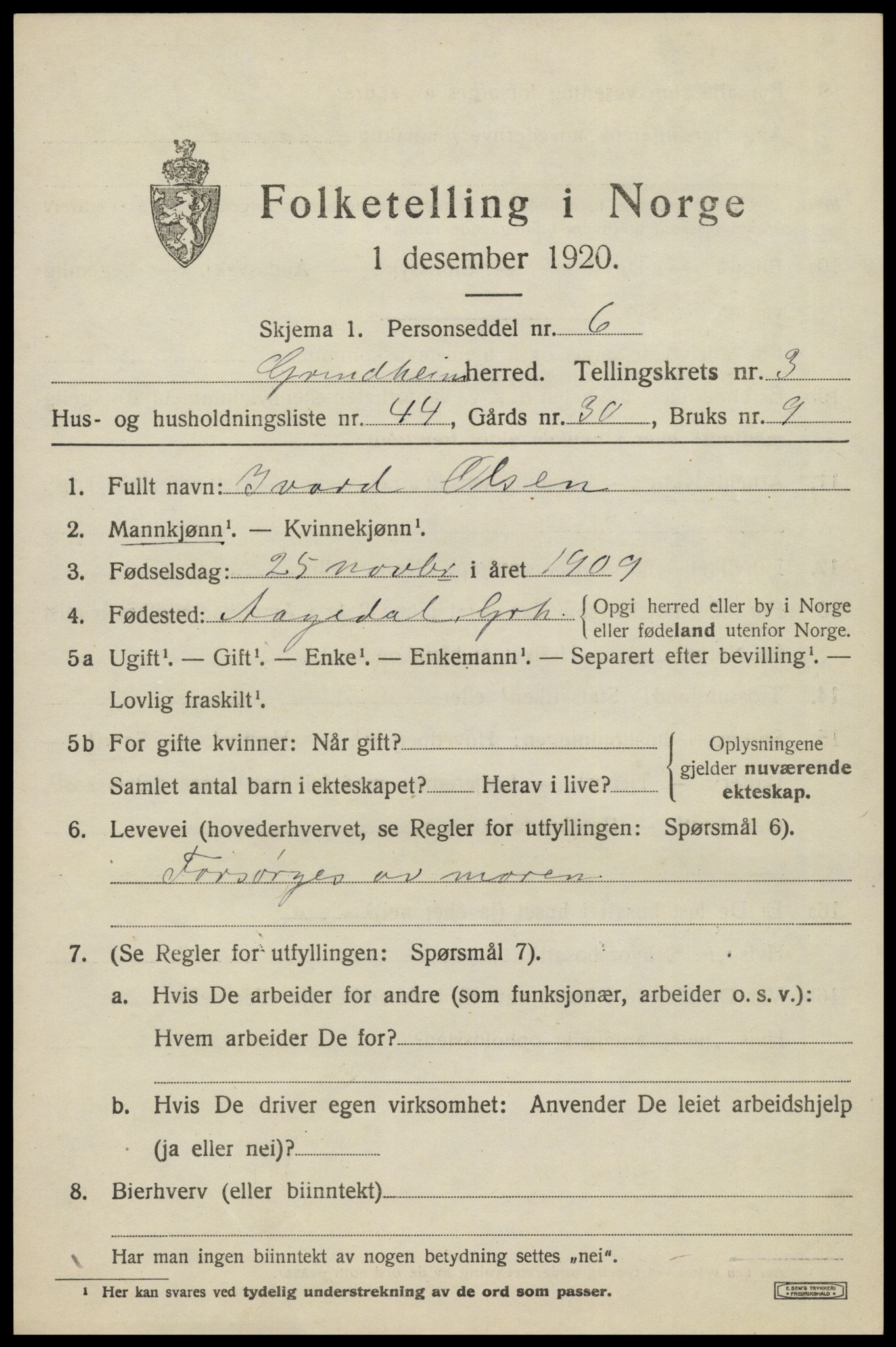 SAK, Folketelling 1920 for 1025 Grindheim herred, 1920, s. 1391