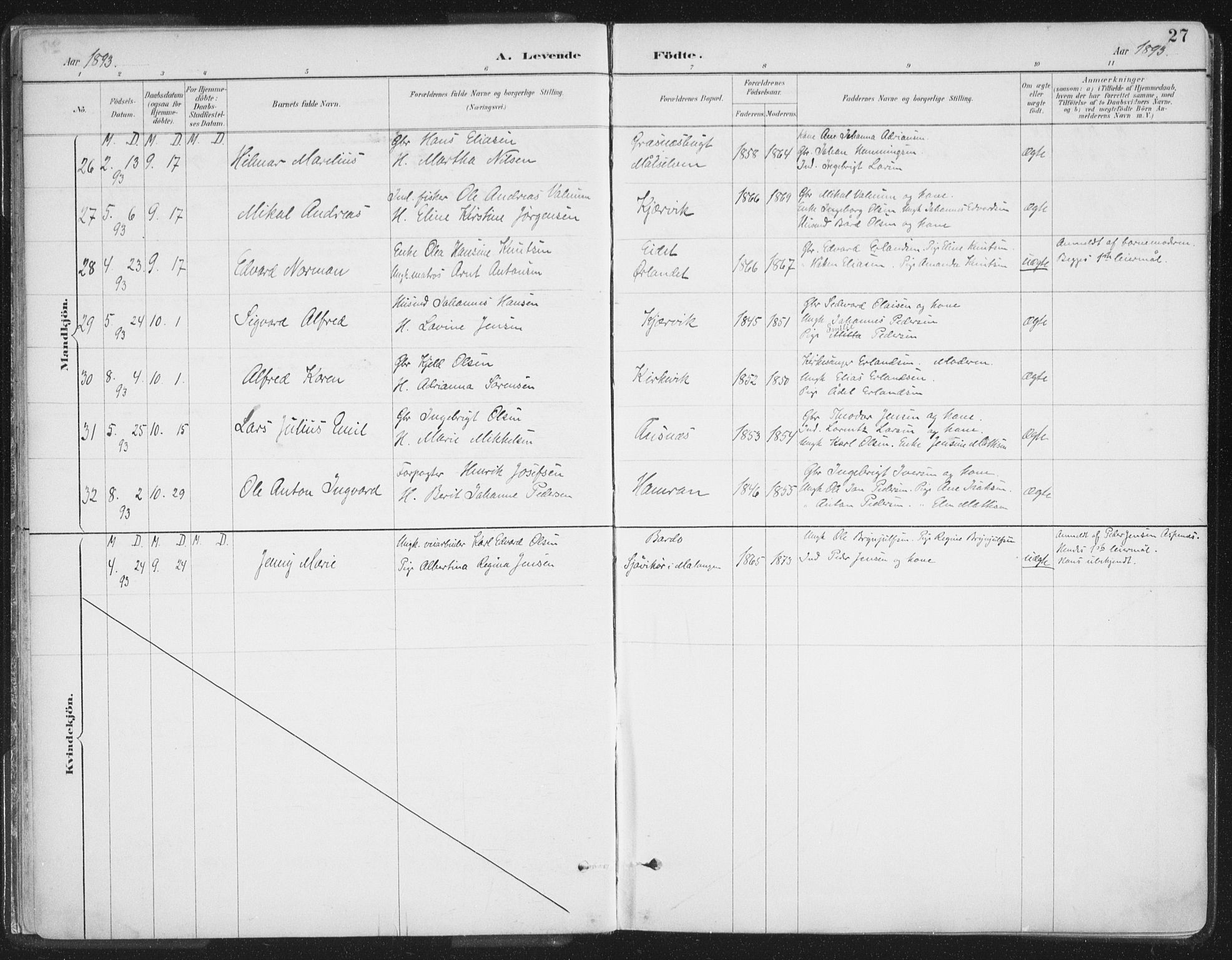 Balsfjord sokneprestembete, AV/SATØ-S-1303/G/Gaa/L0007kirke: Ministerialbok nr. 7, 1887-1909, s. 27