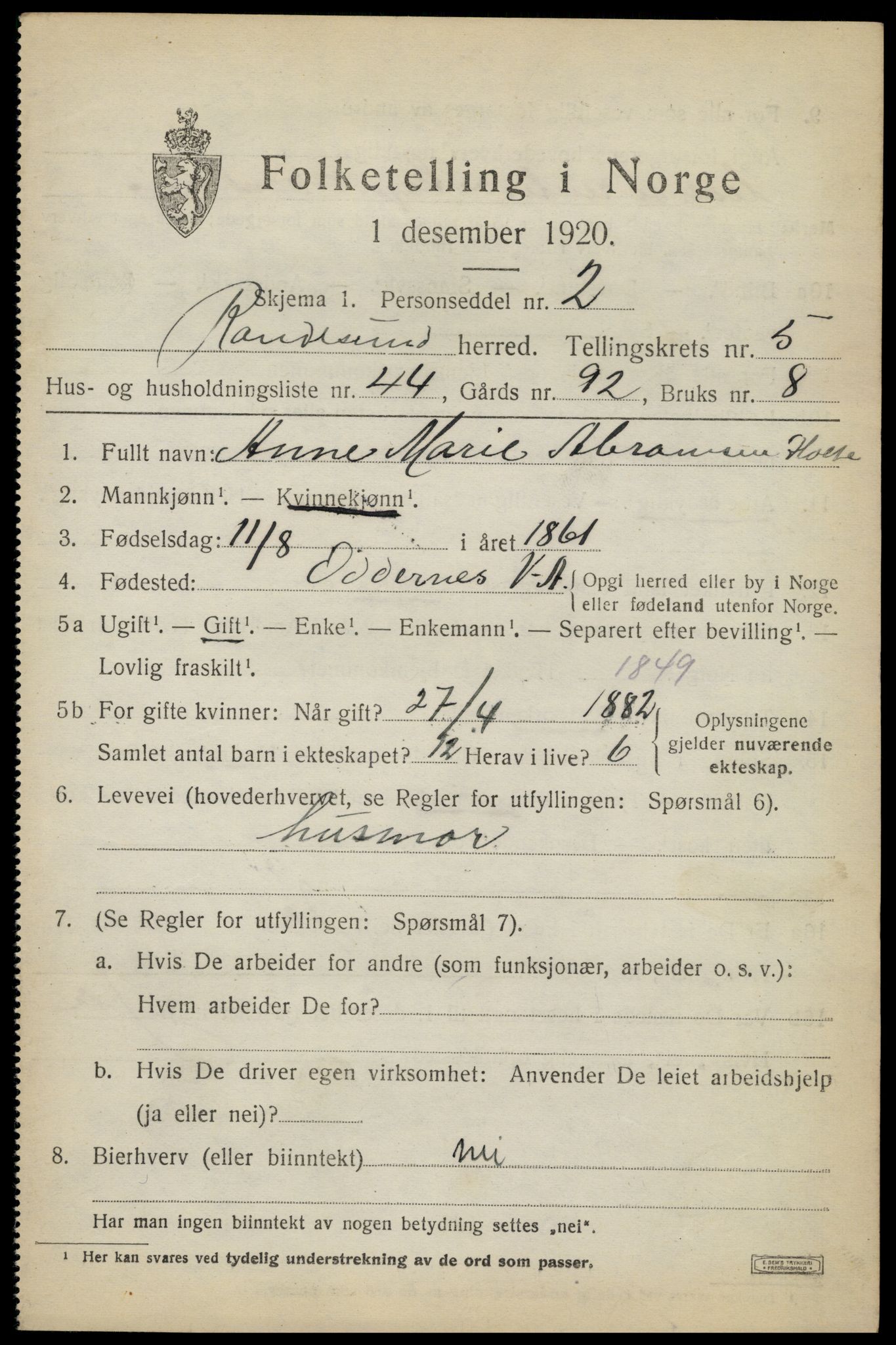 SAK, Folketelling 1920 for 1011 Randesund herred, 1920, s. 2722