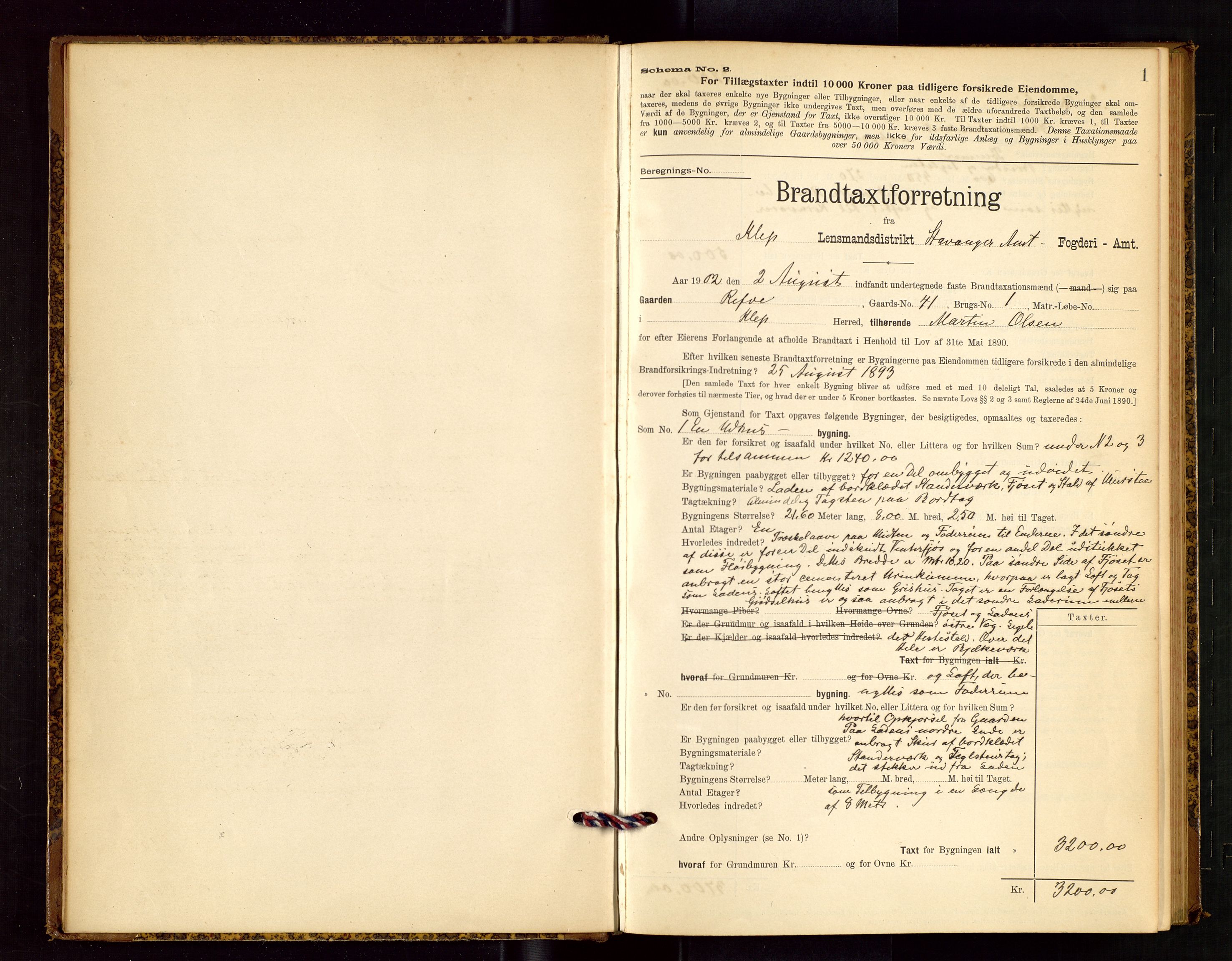 Klepp lensmannskontor, AV/SAST-A-100163/Goc/L0003: "Brandtaxationsprotokol" m/register, 1902-1907, s. 1