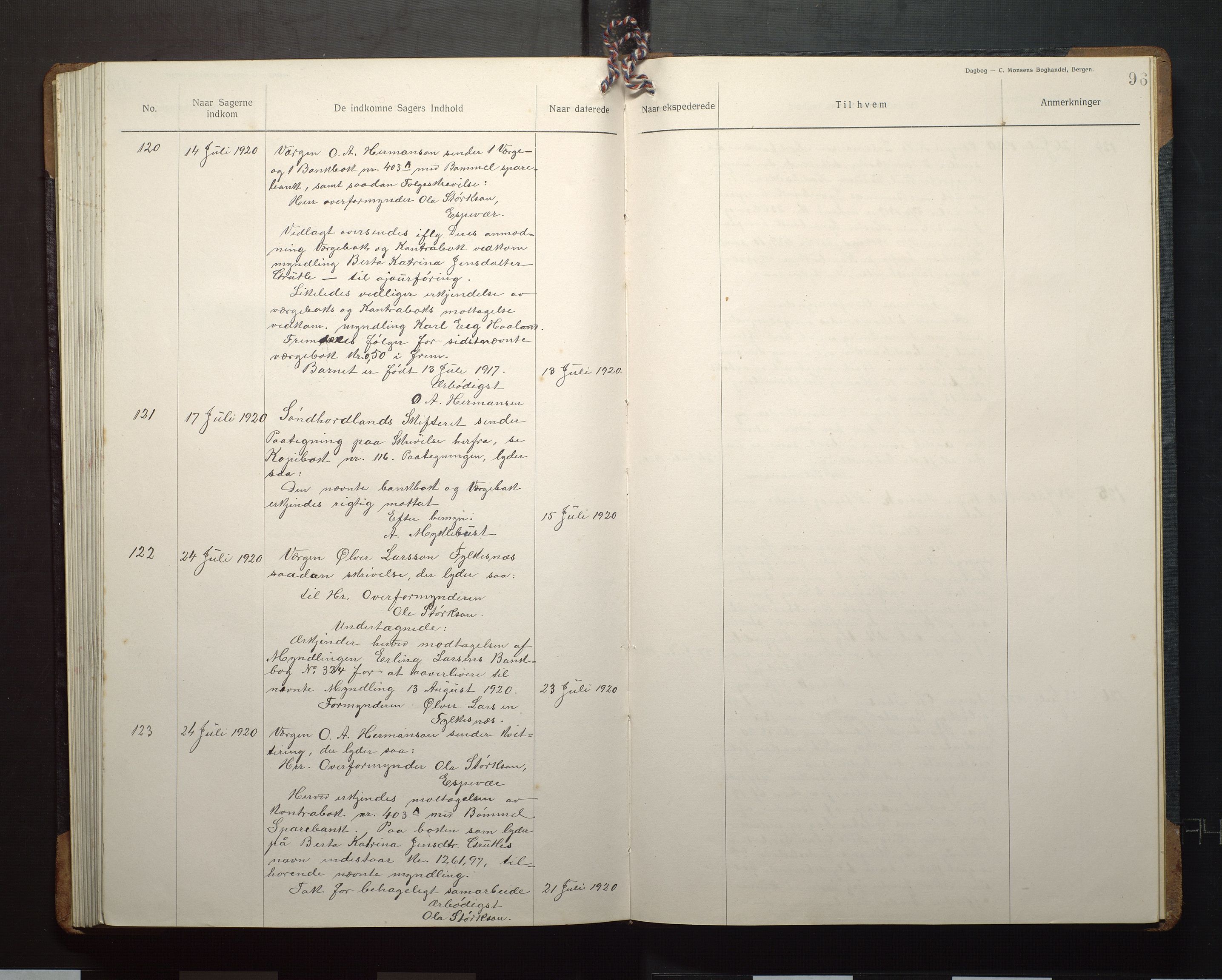 Finnaas kommune. Overformynderiet, IKAH/1218a-812/C/Ca/Caa/L0008: Postjournal for Finnås overformynderi, 1918-1920, s. 96