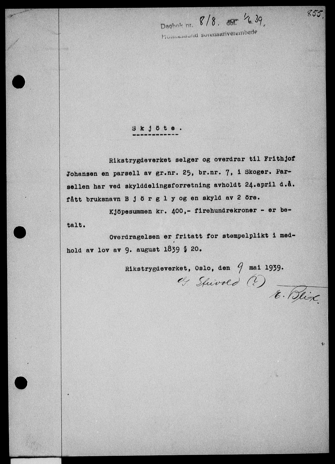 Holmestrand sorenskriveri, SAKO/A-67/G/Ga/Gaa/L0050: Pantebok nr. A-50, 1938-1939, Dagboknr: 818/1939