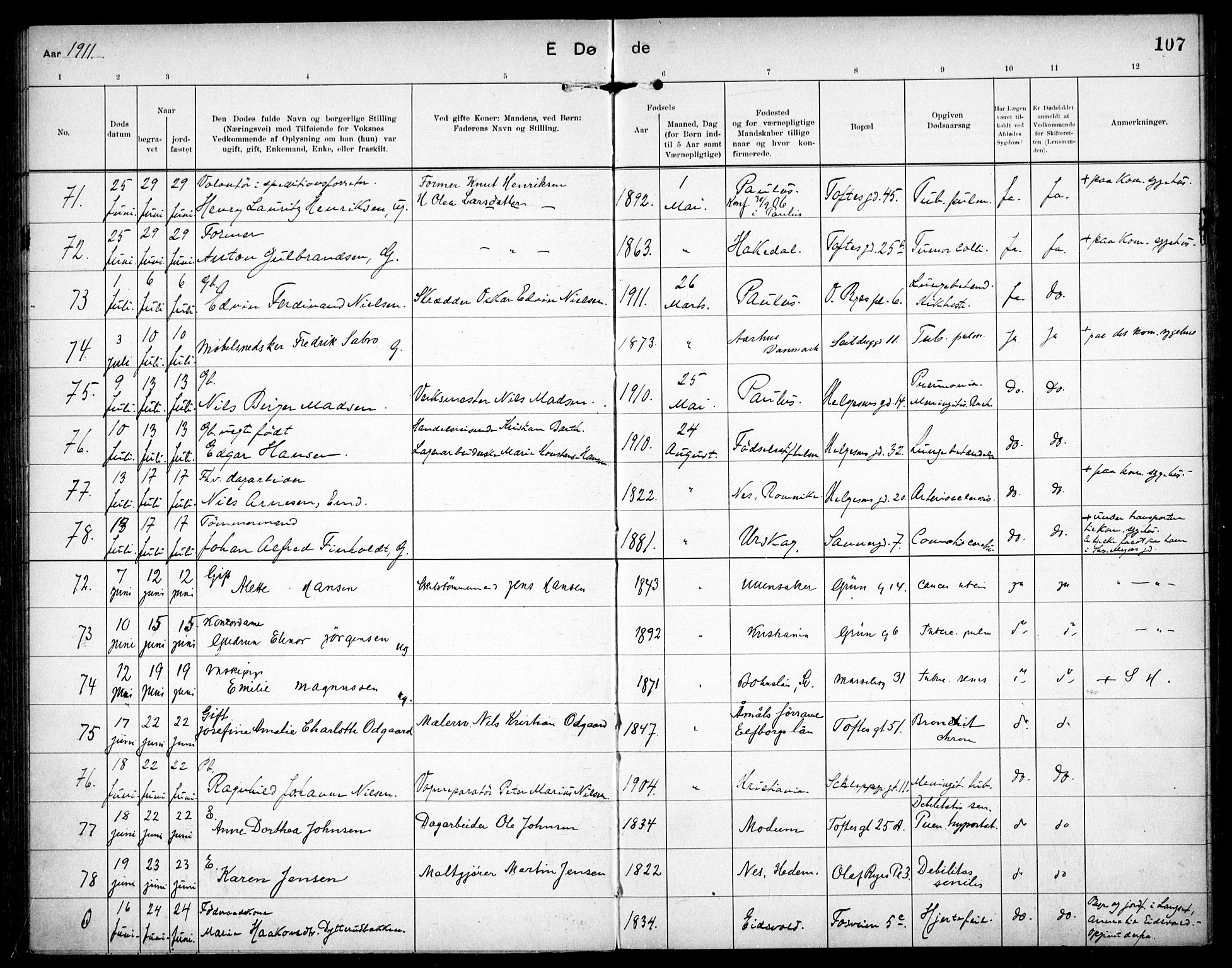 Paulus prestekontor Kirkebøker, AV/SAO-A-10871/F/Fa/L0018: Ministerialbok nr. 18, 1906-1915, s. 107