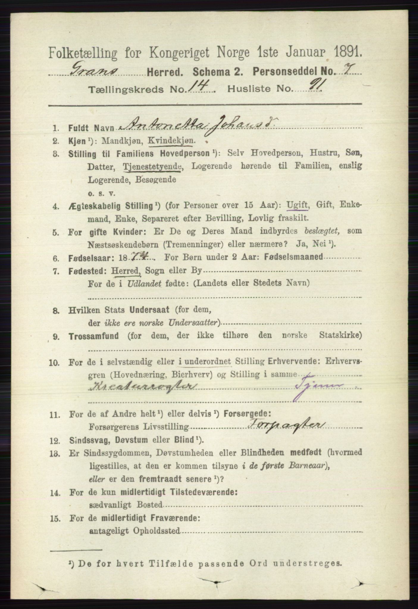 RA, Folketelling 1891 for 0534 Gran herred, 1891, s. 7520