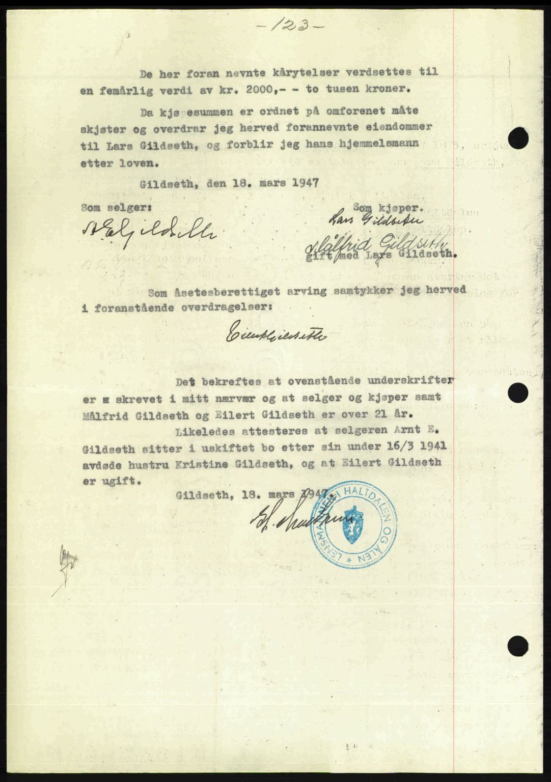 Gauldal sorenskriveri, SAT/A-0014/1/2/2C: Pantebok nr. A3, 1947-1947, Dagboknr: 289/1947