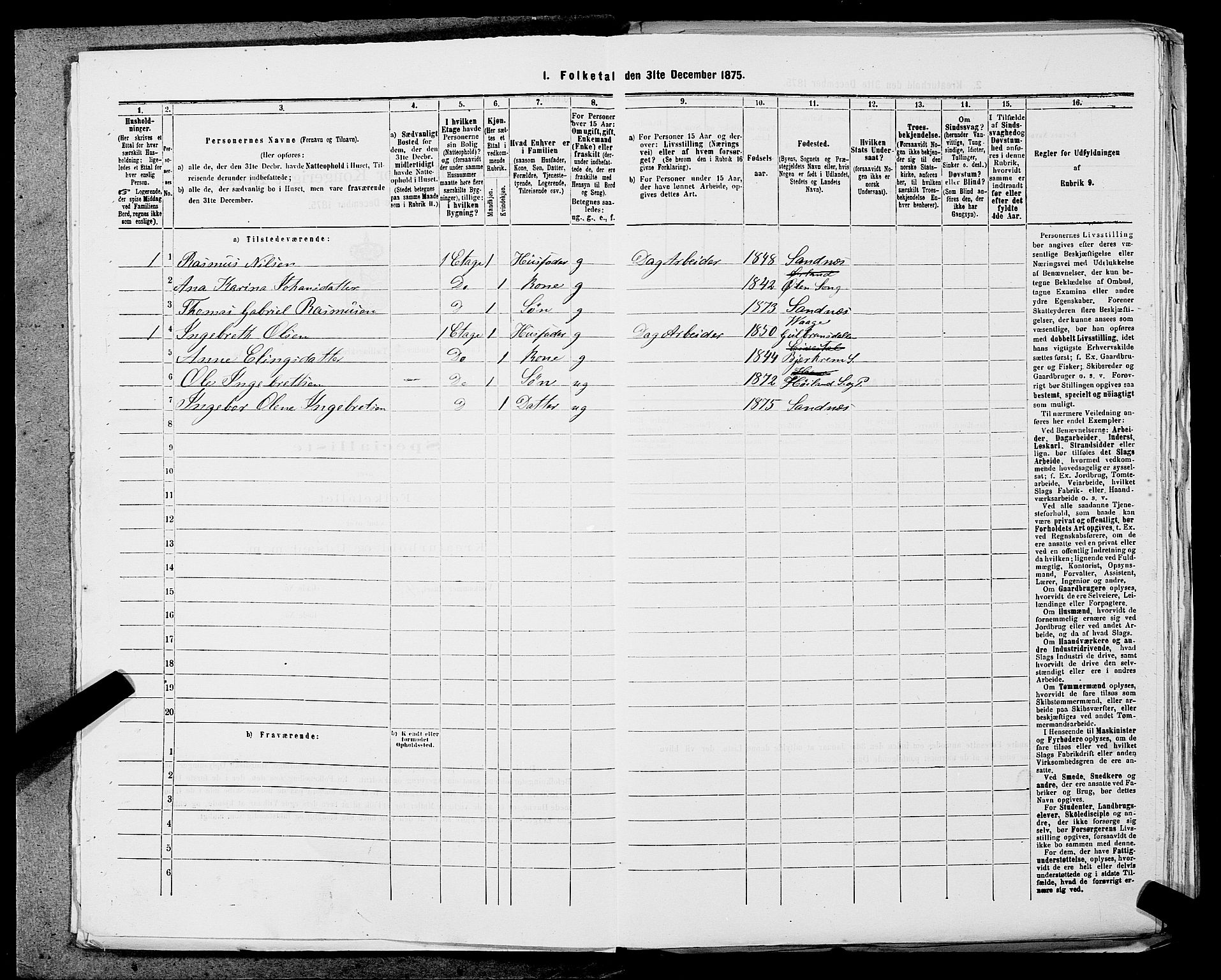 SAST, Folketelling 1875 for 1102B Høyland prestegjeld, Sandnes ladested, 1875, s. 8