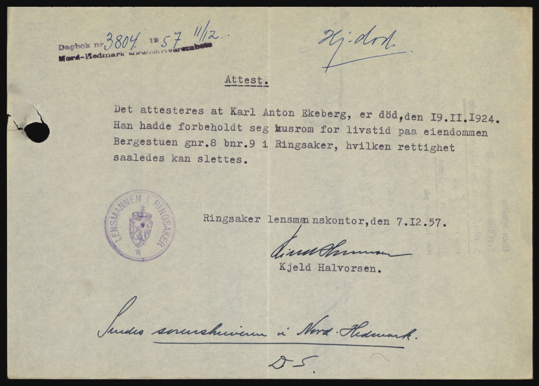 Nord-Hedmark sorenskriveri, SAH/TING-012/H/Hc/L0012: Pantebok nr. 12, 1957-1958, Dagboknr: 3804/1957
