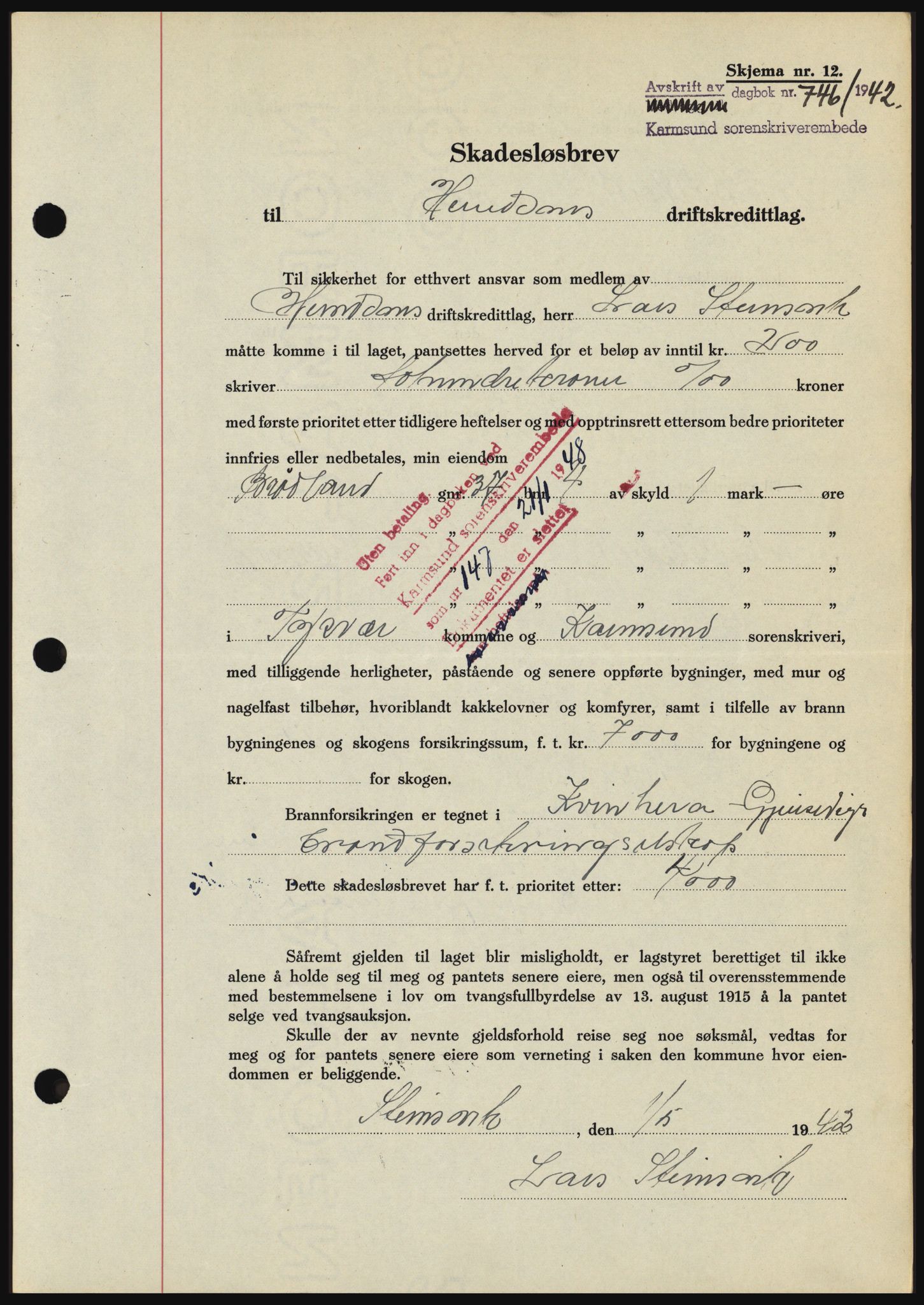 Karmsund sorenskriveri, SAST/A-100311/01/II/IIBBE/L0008: Pantebok nr. B 54, 1942-1943, Dagboknr: 746/1942