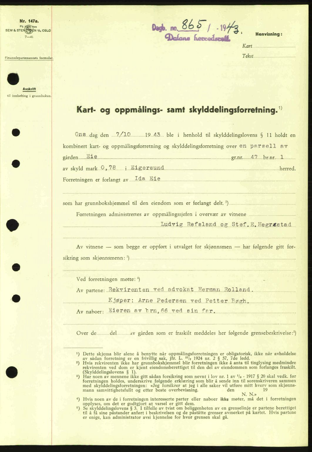 Dalane sorenskriveri, SAST/A-100309/02/G/Gb/L0046: Pantebok nr. A7, 1942-1943, Dagboknr: 865/1943