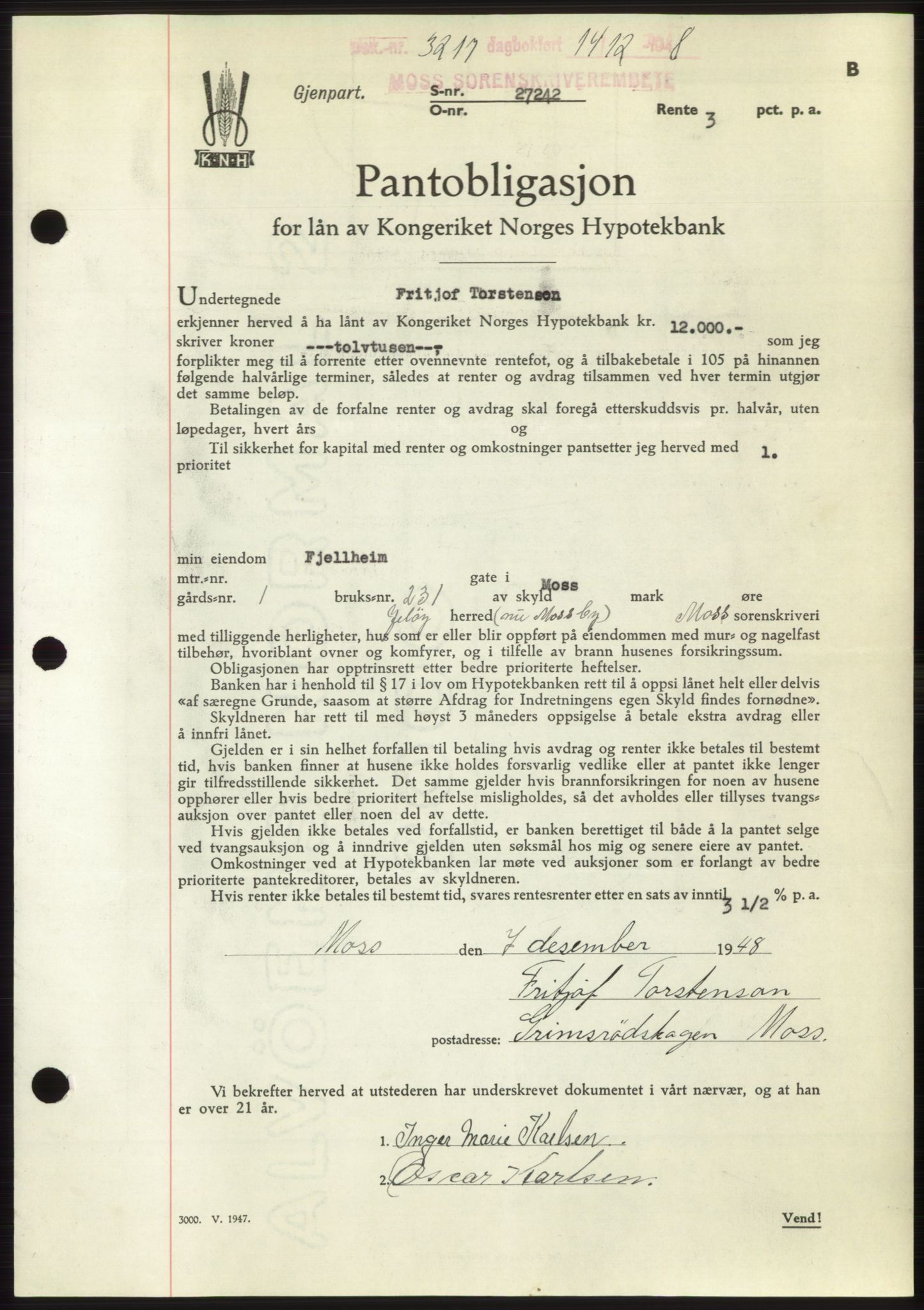 Moss sorenskriveri, AV/SAO-A-10168: Pantebok nr. B20, 1948-1948, Dagboknr: 3217/1948