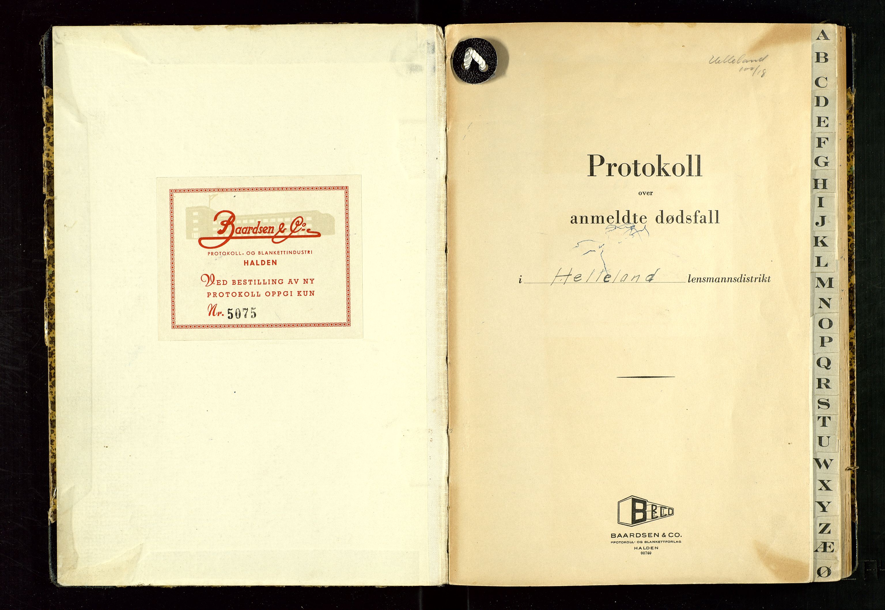 Helleland lensmannskontor, SAST/A-100209/Gga/L0002: "Bok over anmeldte dødsfall" m/alfabetregister, 1950-1966
