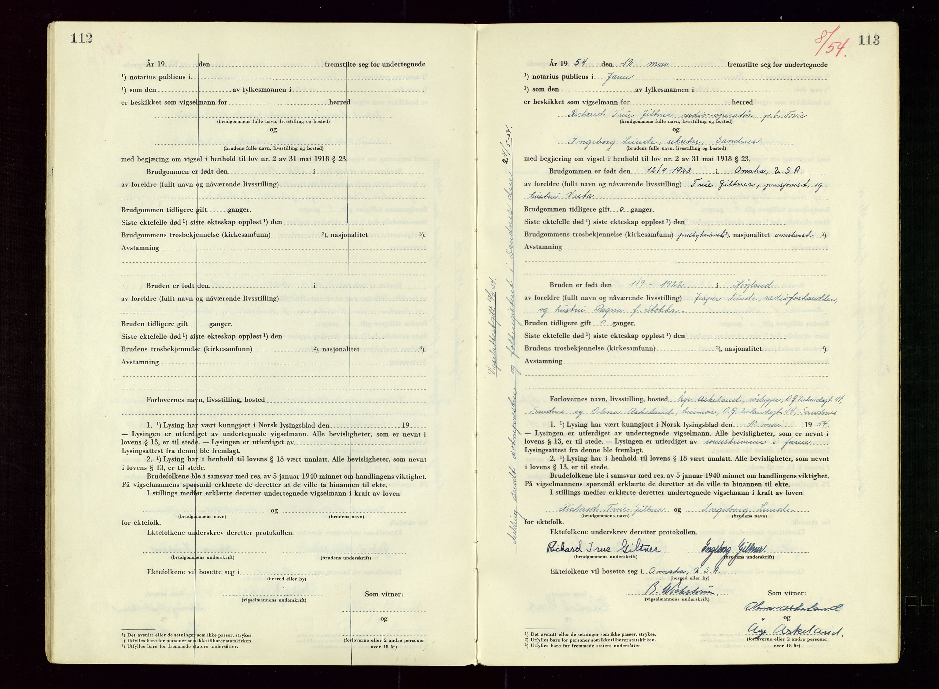 Sandnes sorenskriveri, AV/SAST-A-100312/02/I/Id/L0002: Vigsel (Vigselsbok), 1950-1958, s. 112-113