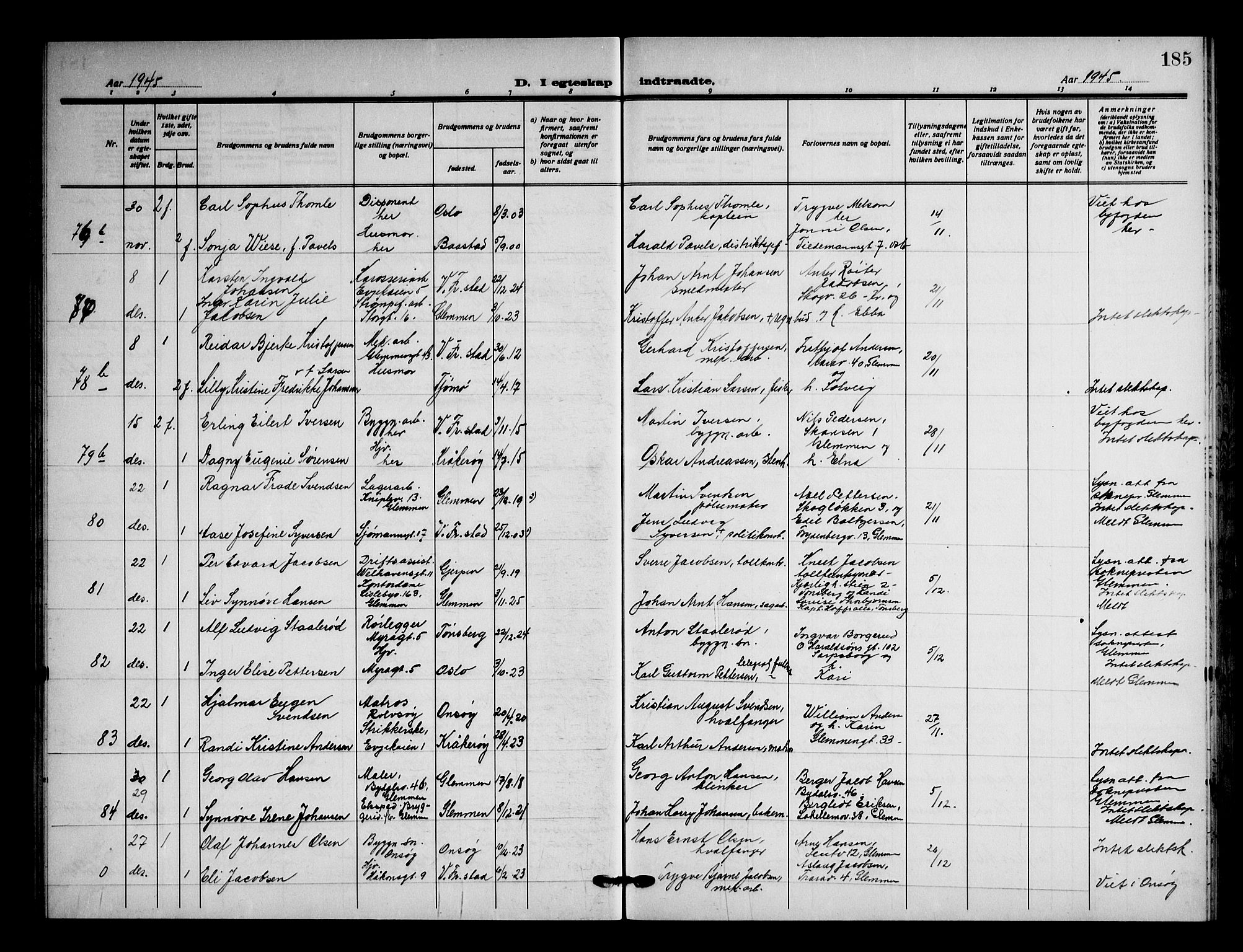 Fredrikstad domkirkes prestekontor Kirkebøker, AV/SAO-A-10906/G/Ga/L0006: Klokkerbok nr. 6, 1923-1949, s. 185