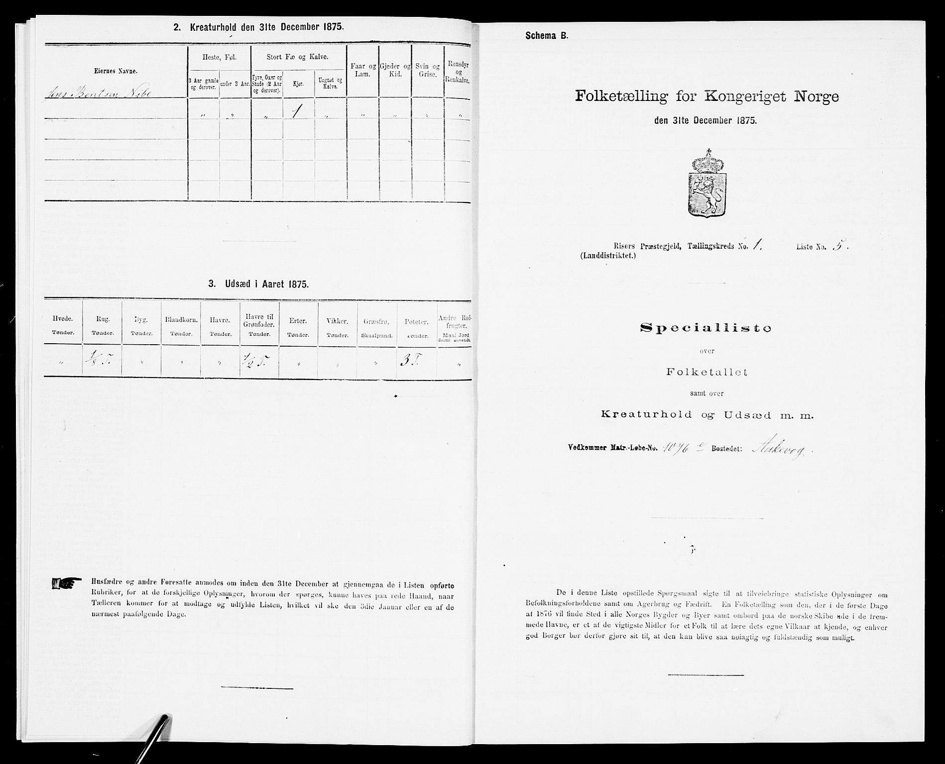 SAK, Folketelling 1875 for 0913L Risør prestegjeld, Søndeled sokn, 1875, s. 58