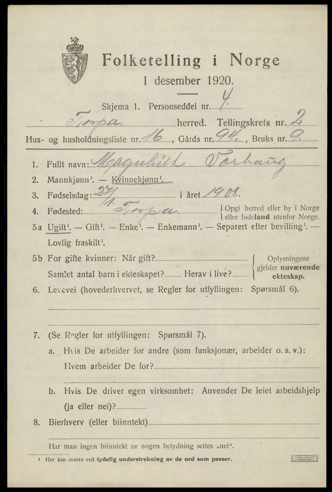 SAH, Folketelling 1920 for 0539 Torpa herred, 1920, s. 1839