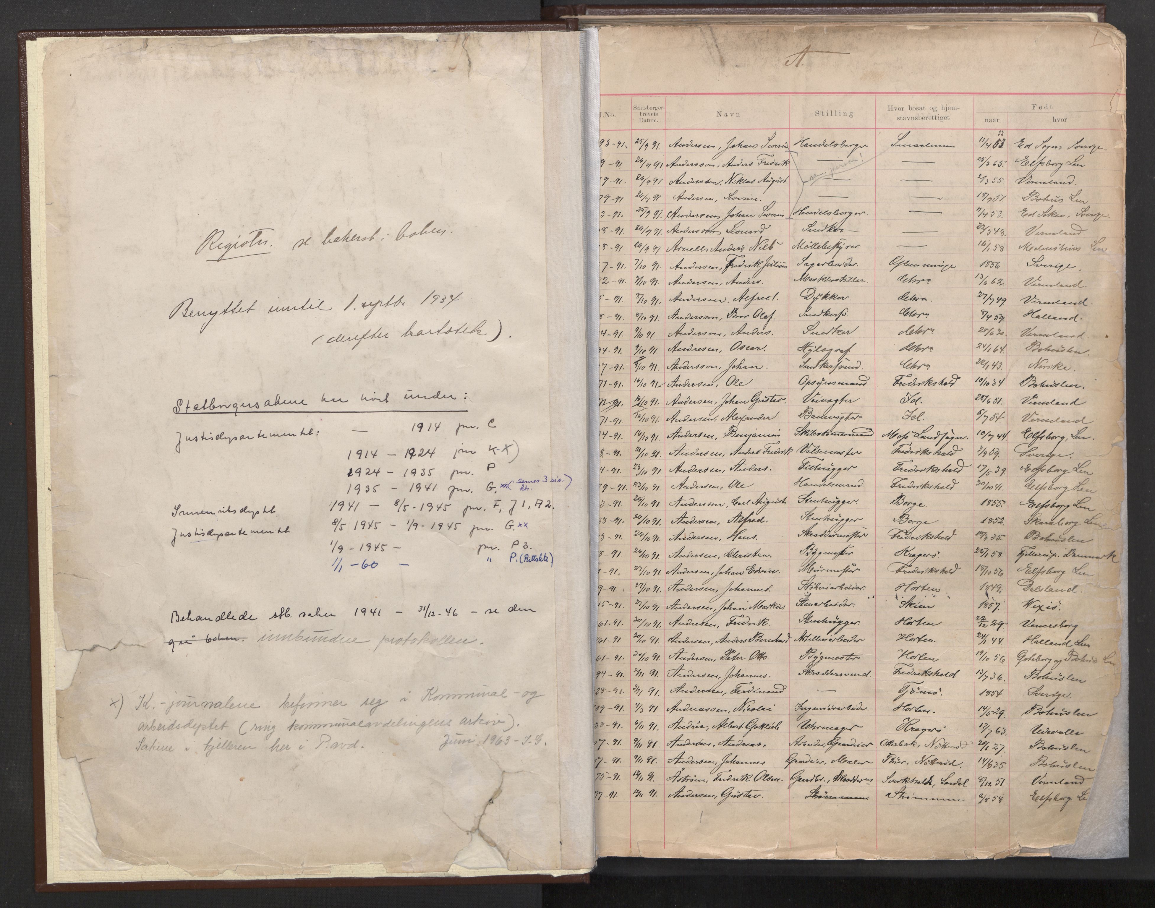 Justisdepartementet, 3. politikontor P3, AV/RA-S-1051/C/Cc/L0001: Journal over statsborgersaker, 1891-1946, s. 1