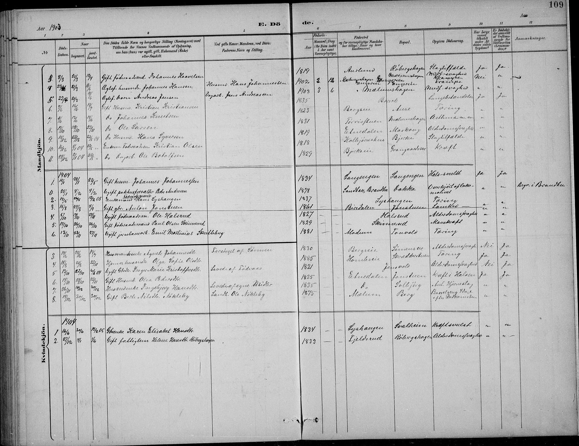 Nordre Land prestekontor, SAH/PREST-124/H/Ha/Hab/L0014: Klokkerbok nr. 14, 1891-1907, s. 109