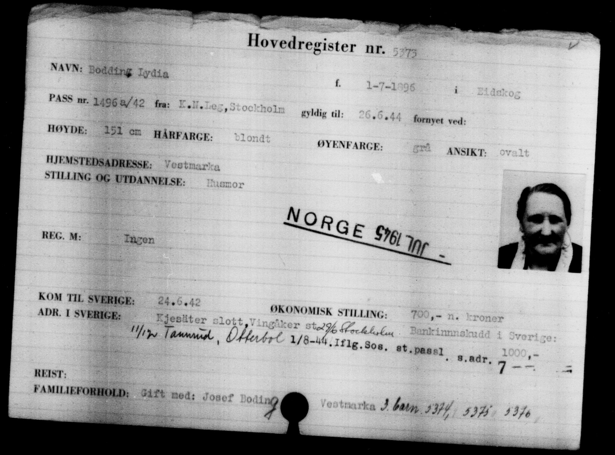 Utenriksstasjonene, Legasjonen i Stockholm, Flyktningkontoret, AV/RA-S-6753/V/Va/L0004: Kjesäterkartoteket, flyktninger med registreringsnr. 3496-6610, 1940-1945, s. 2164