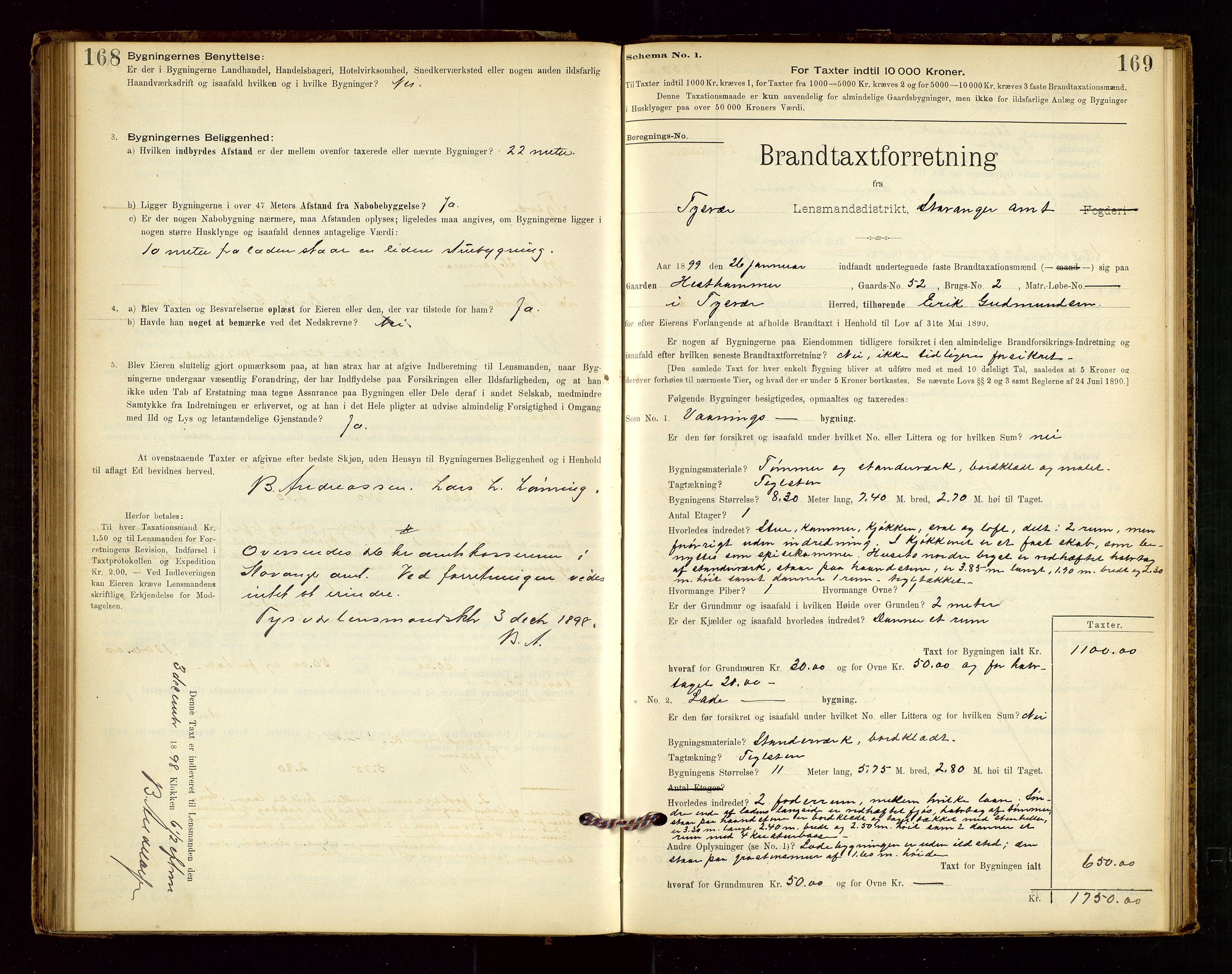 Tysvær lensmannskontor, AV/SAST-A-100192/Gob/L0001: "Brandtaxationsprotokol for Tysvær Lensmandsdistrikt Ryfylke Fogderi", 1894-1916, s. 168-169