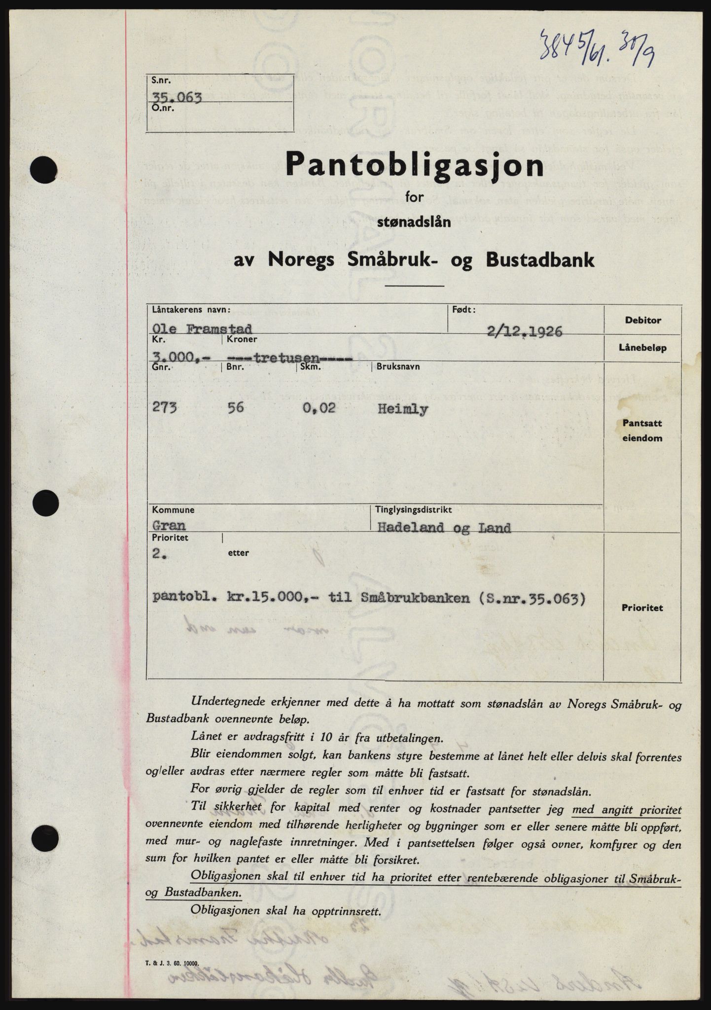 Hadeland og Land tingrett, SAH/TING-010/H/Hb/Hbc/L0047: Pantebok nr. B47, 1961-1962, Dagboknr: 3845/1961