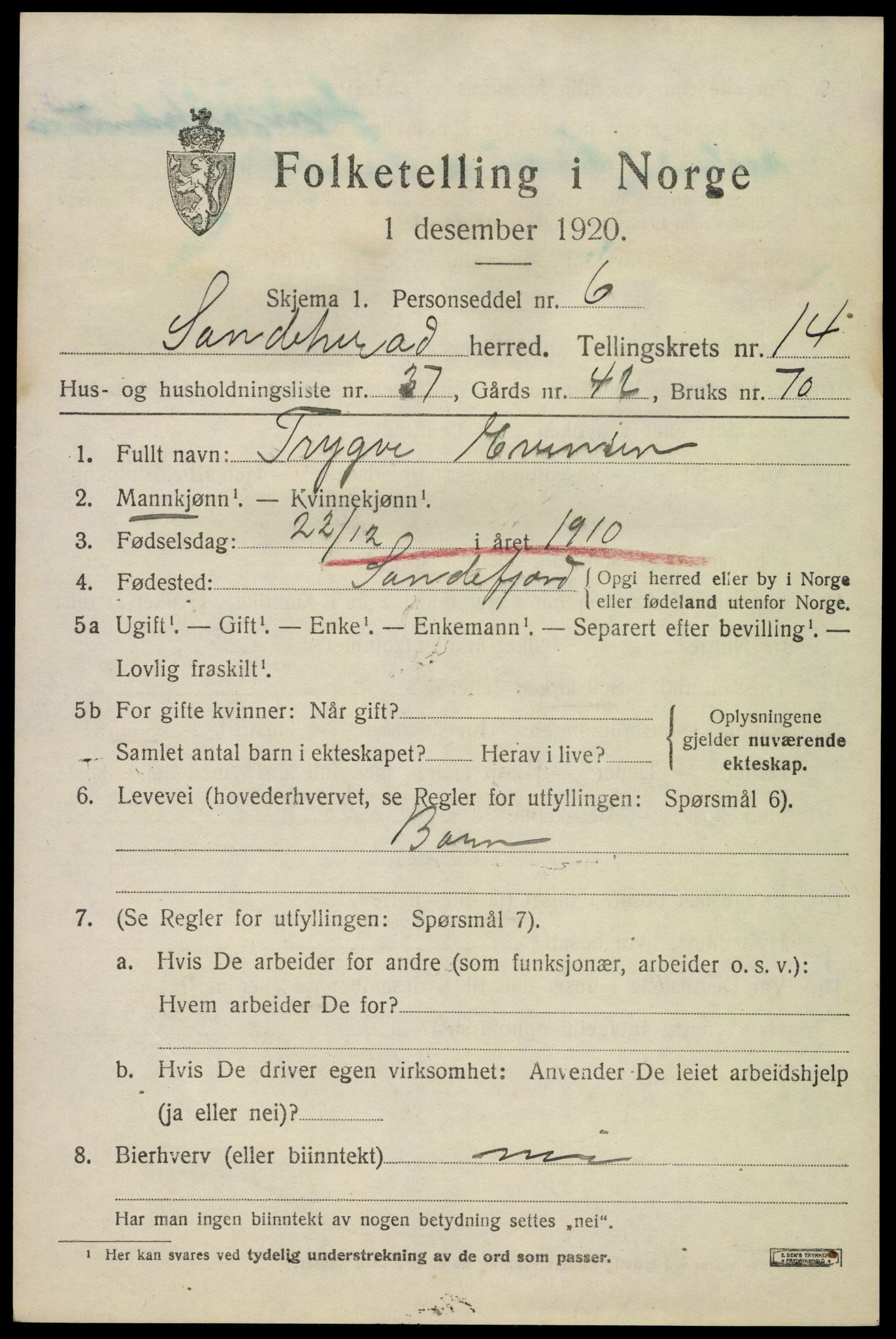 SAKO, Folketelling 1920 for 0724 Sandeherred herred, 1920, s. 20690