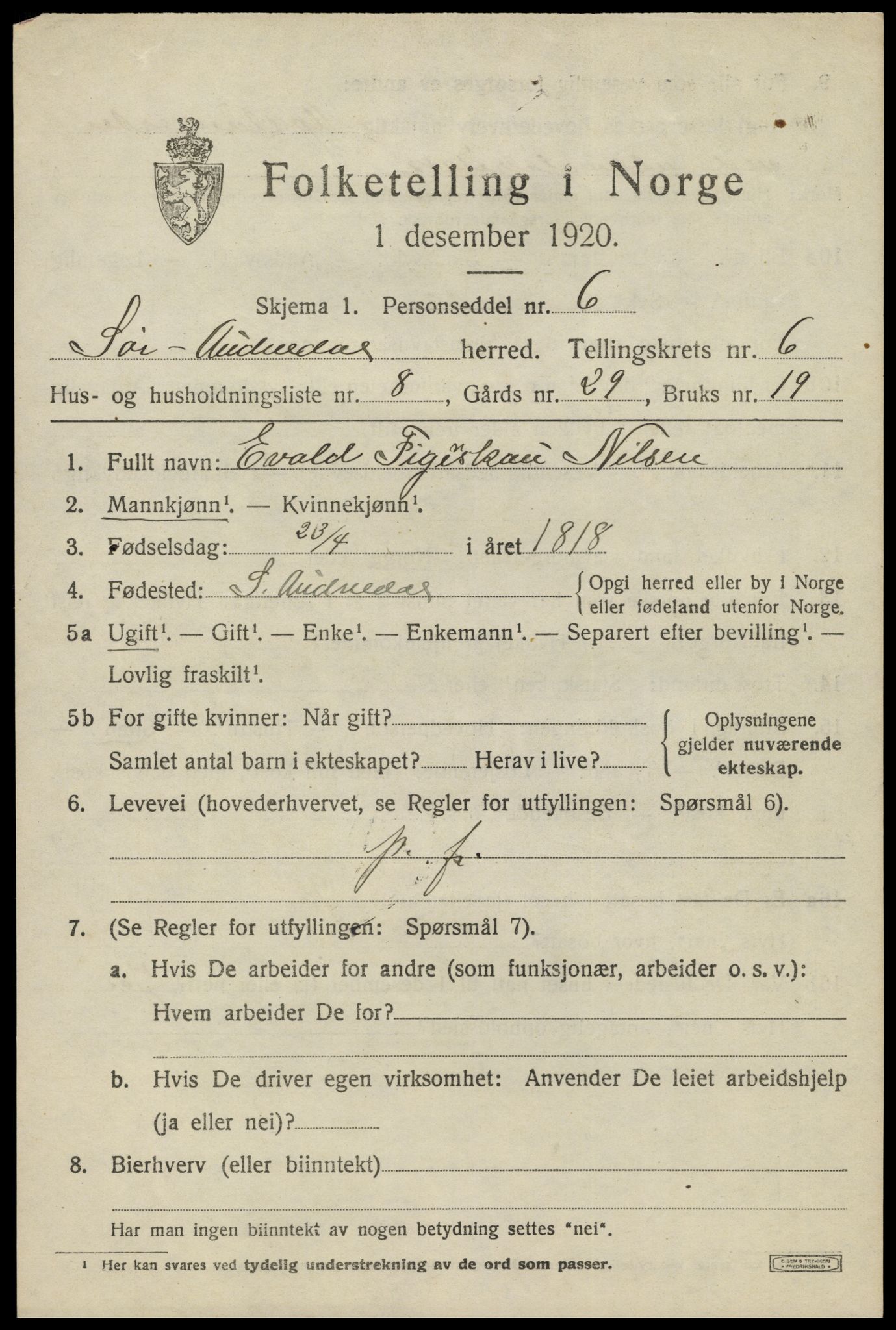 SAK, Folketelling 1920 for 1029 Sør-Audnedal herred, 1920, s. 2777