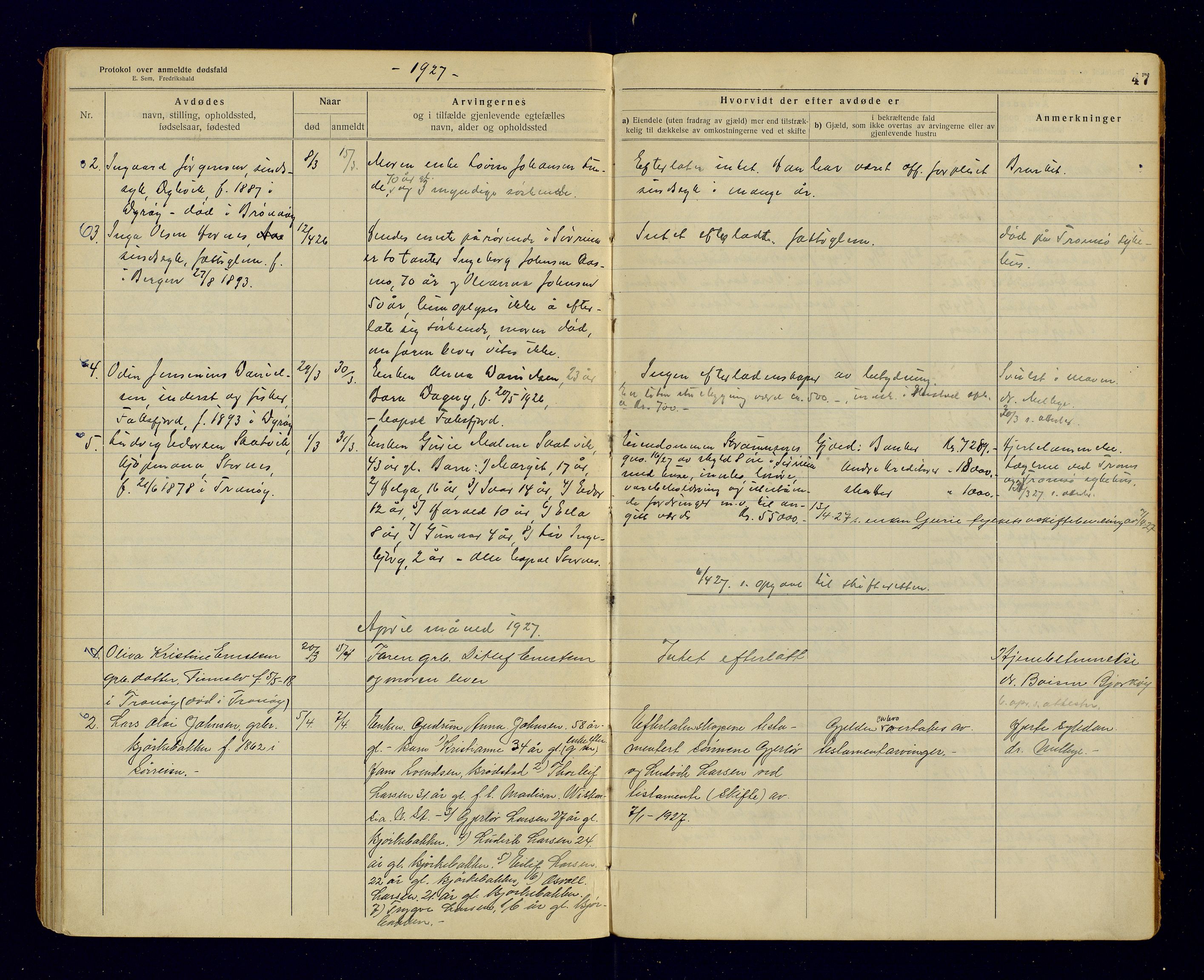 Tranøy lensmannskontor (Sørreisa lensmannskontor), AV/SATØ-SATØ-46/1/F/Fi/Fia/L0149: Dødsfallsprotokoller, 1924-1927, s. 47