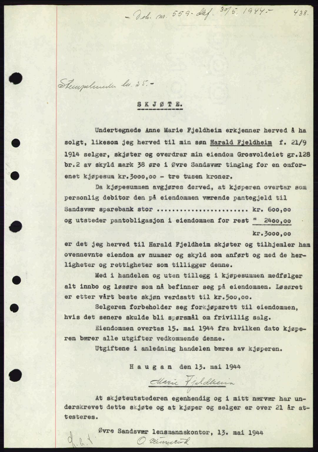 Numedal og Sandsvær sorenskriveri, SAKO/A-128/G/Ga/Gaa/L0055: Pantebok nr. A7, 1943-1944, Dagboknr: 559/1944