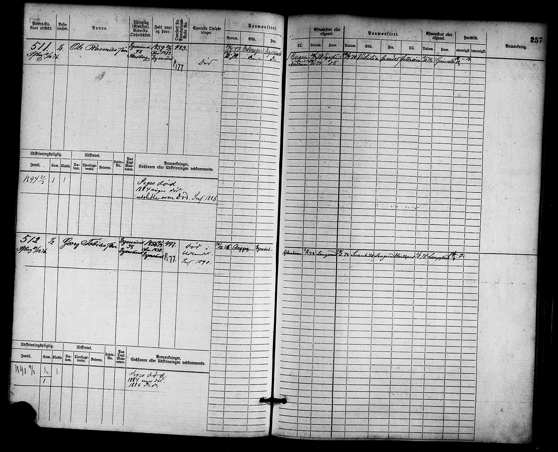 Egersund mønstringskrets, AV/SAK-2031-0019/F/Fb/L0001: Hovedrulle nr 1-666, O-3, 1868-1920, s. 265
