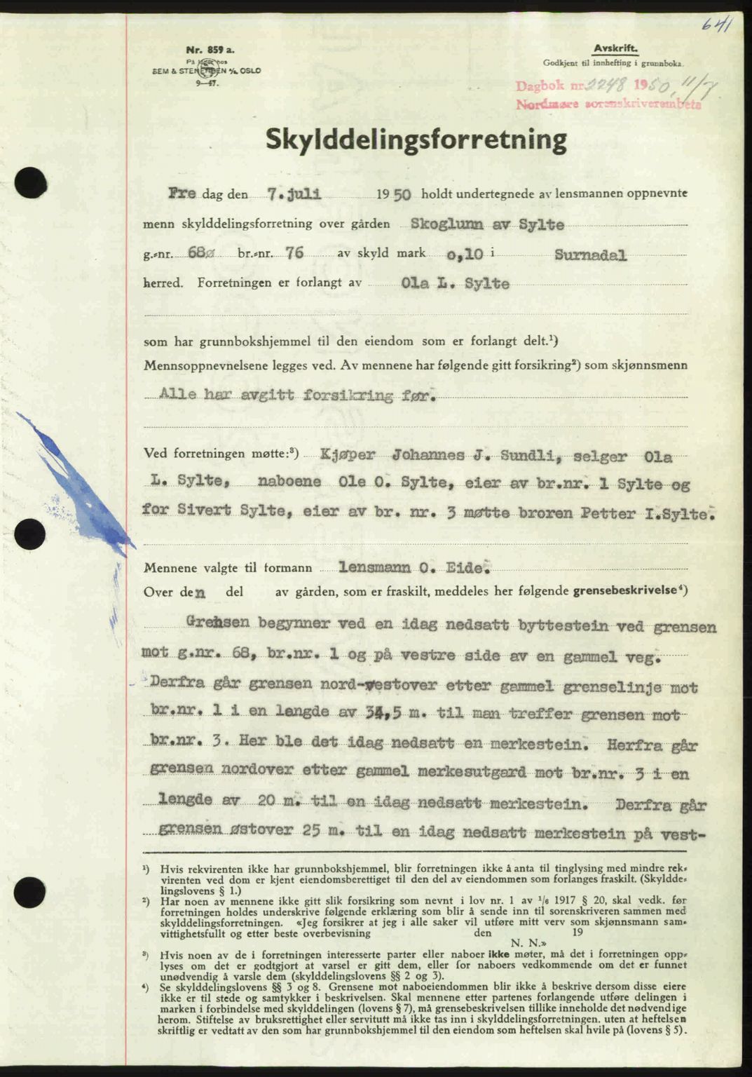 Nordmøre sorenskriveri, SAT/A-4132/1/2/2Ca: Pantebok nr. A115, 1950-1950, Dagboknr: 2248/1950
