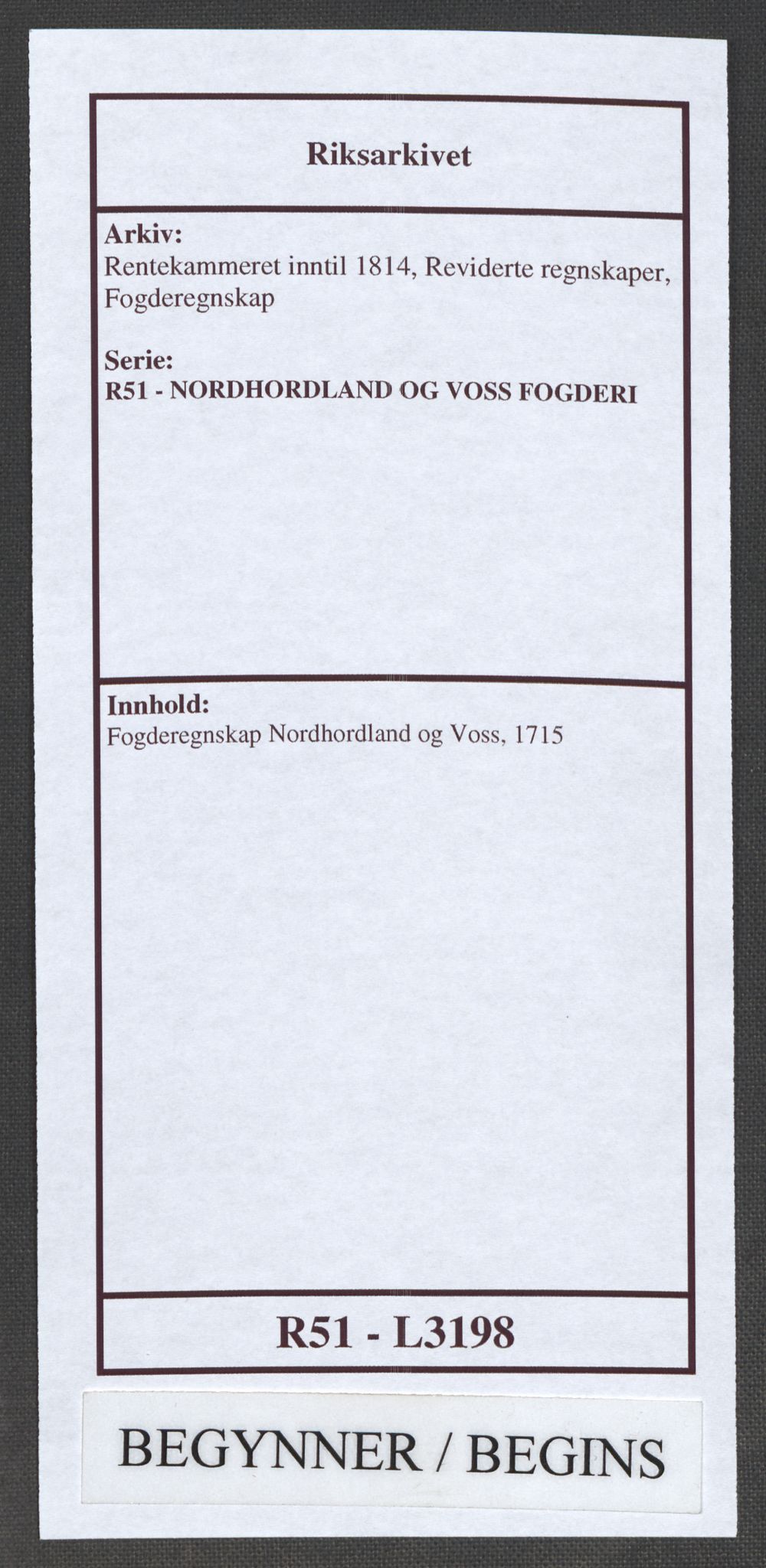 Rentekammeret inntil 1814, Reviderte regnskaper, Fogderegnskap, RA/EA-4092/R51/L3198: Fogderegnskap Nordhordland og Voss, 1715, s. 1
