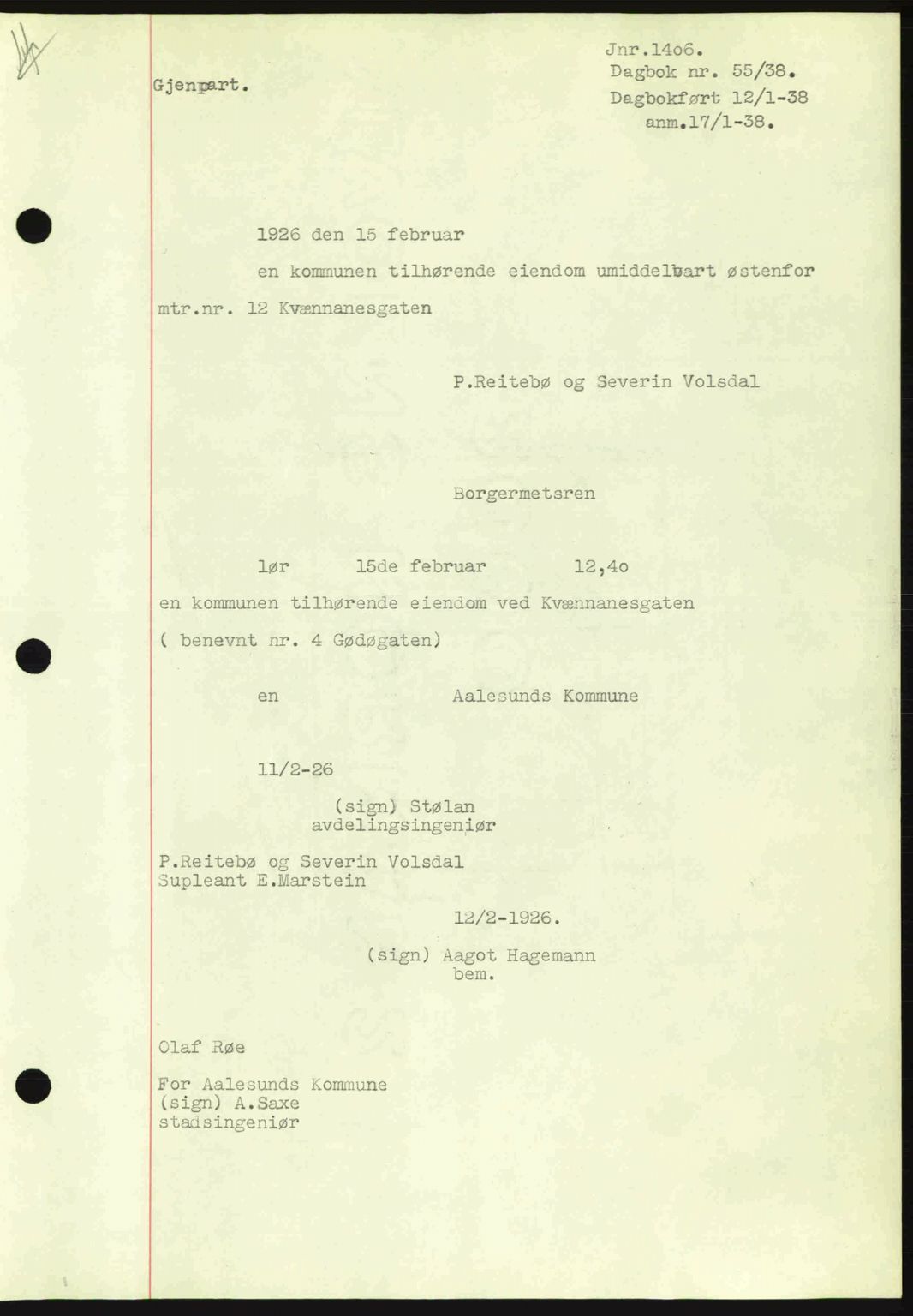 Ålesund byfogd, AV/SAT-A-4384: Pantebok nr. 34 I, 1936-1938, Dagboknr: 55/1938