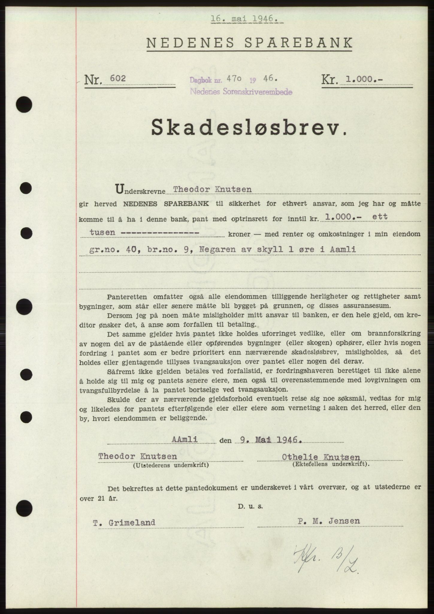 Nedenes sorenskriveri, SAK/1221-0006/G/Gb/Gbb/L0003: Pantebok nr. B3b, 1946-1946, Dagboknr: 470/1946