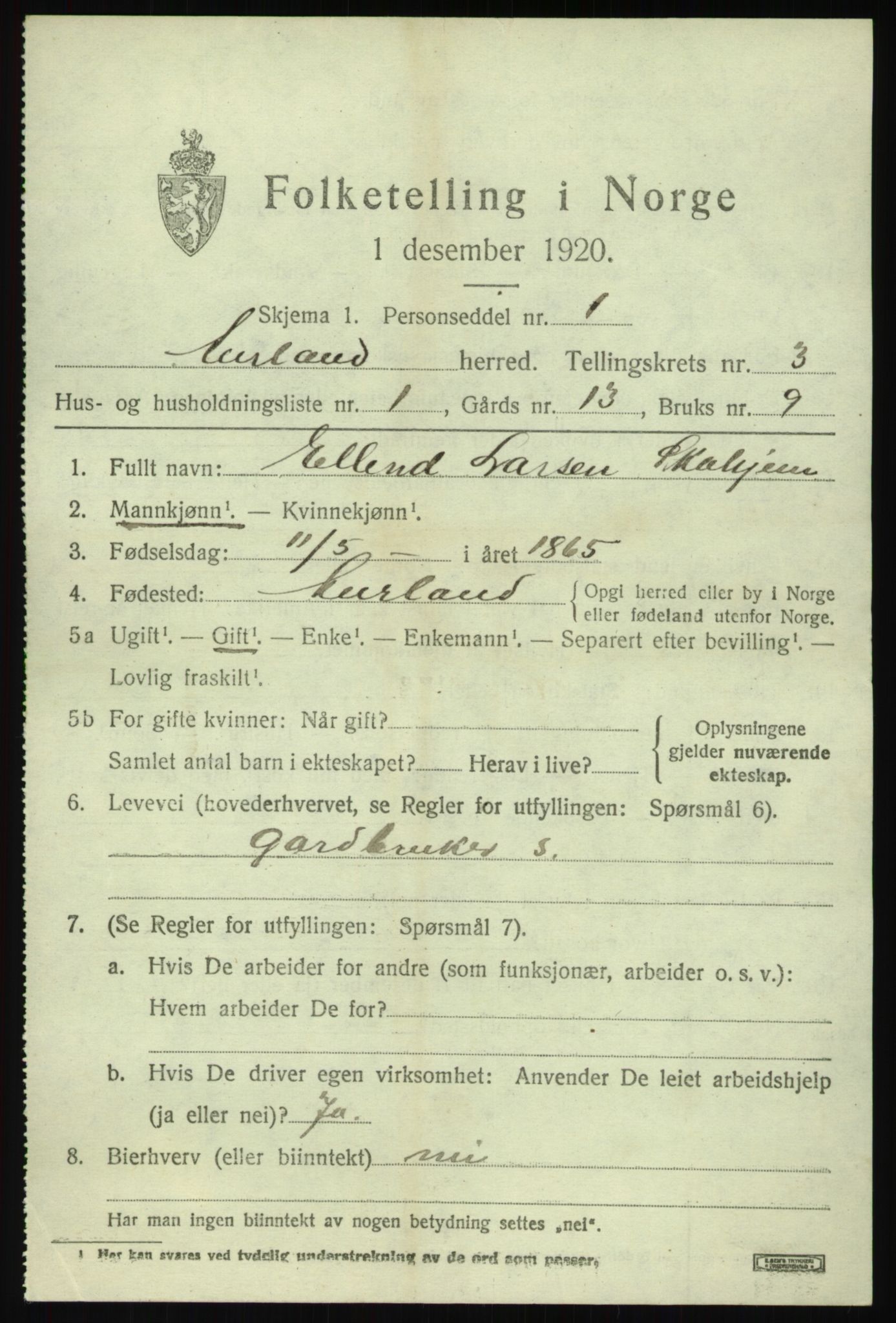 SAB, Folketelling 1920 for 1421 Aurland herred, 1920, s. 2144