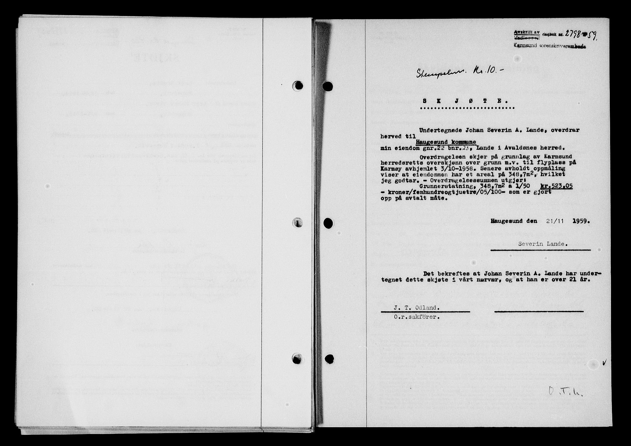 Karmsund sorenskriveri, SAST/A-100311/01/II/IIB/L0132: Pantebok nr. 112A, 1959-1959, Dagboknr: 2798/1959