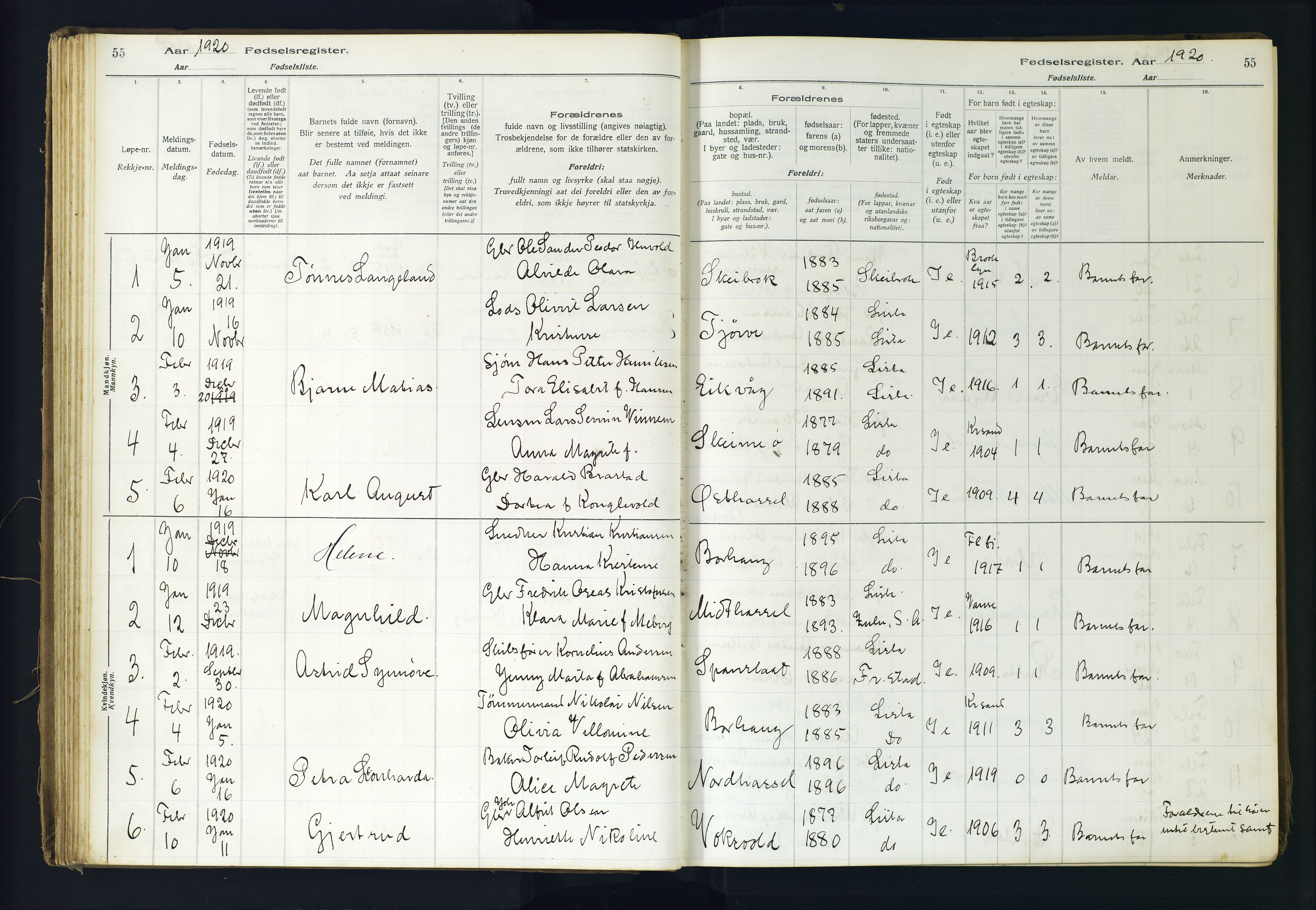 Lista sokneprestkontor, SAK/1111-0027/J/Ja/L0001: Fødselsregister nr. A-VI-30, 1916-1934, s. 55