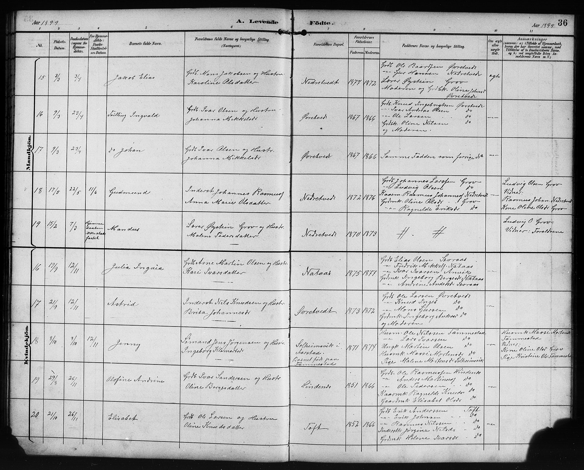 Lindås Sokneprestembete, AV/SAB-A-76701/H/Hab/Habe/L0003: Klokkerbok nr. E 3, 1892-1905, s. 36
