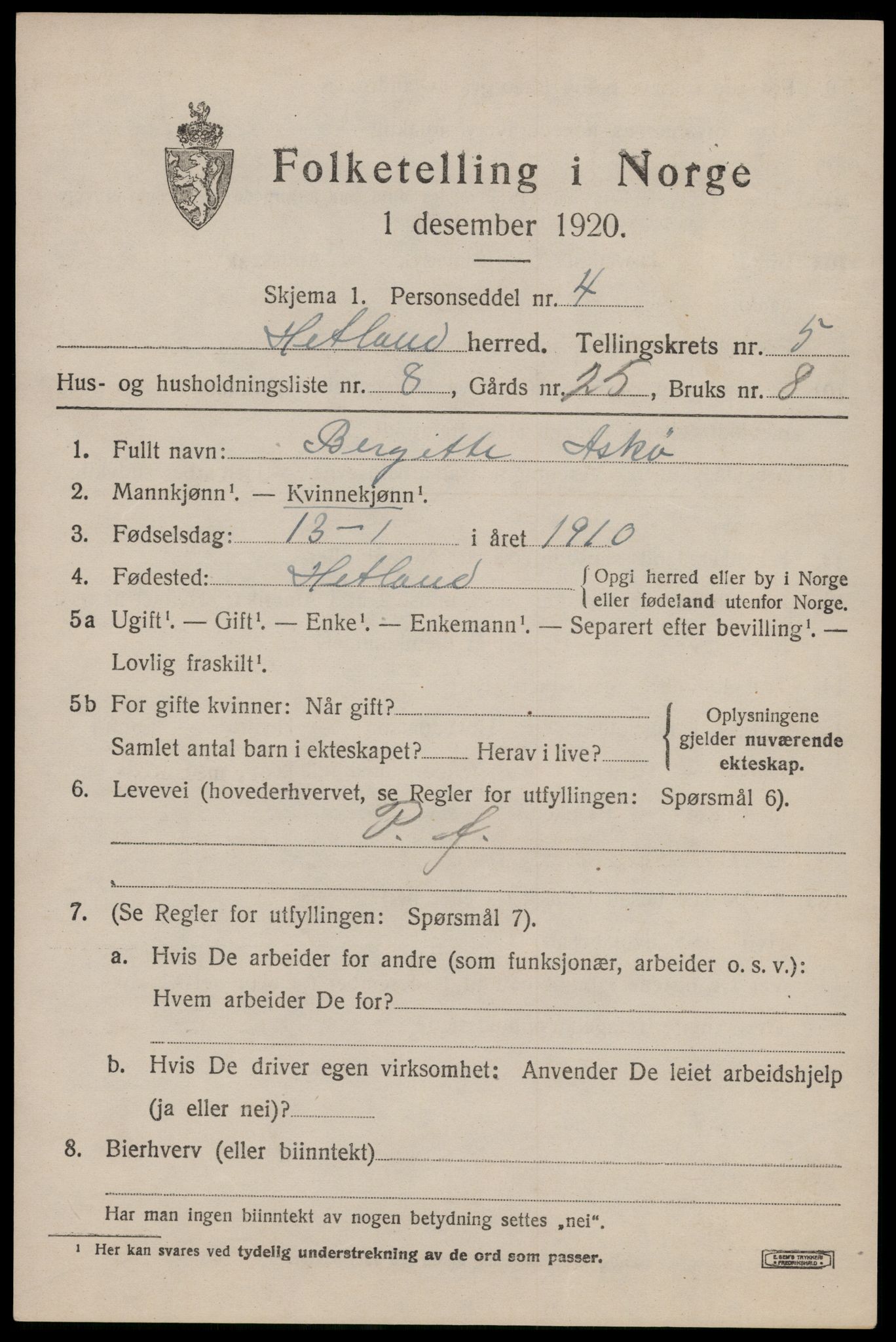 SAST, Folketelling 1920 for 1126 Hetland herred, 1920, s. 8475