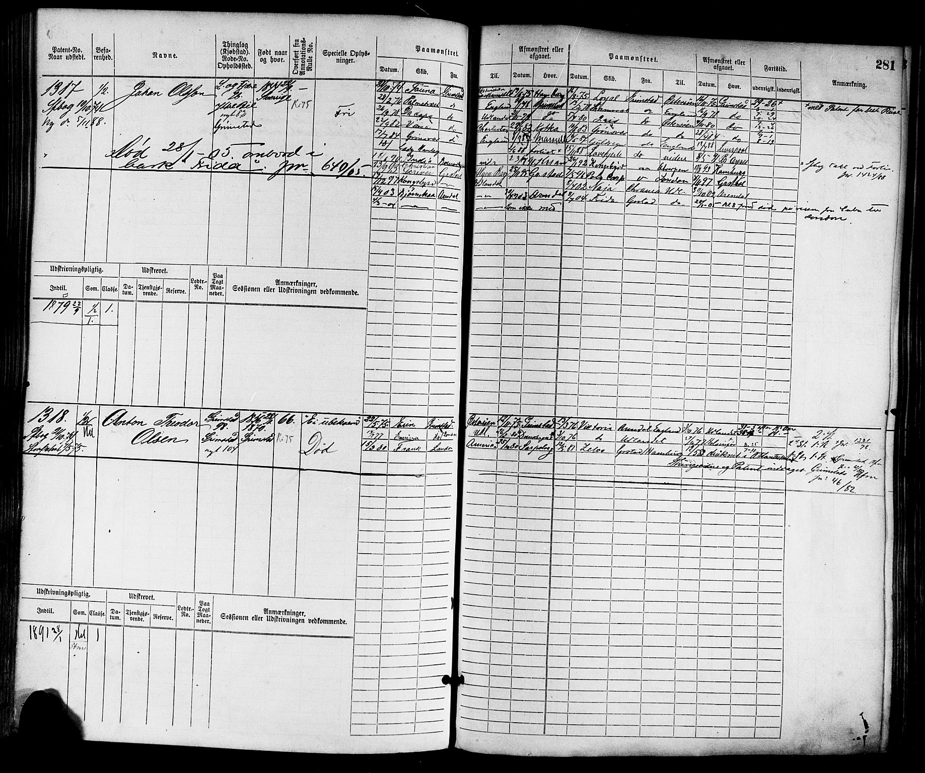 Grimstad mønstringskrets, SAK/2031-0013/F/Fb/L0002: Hovedrulle nr 759-1517, F-5, 1869-1877, s. 291