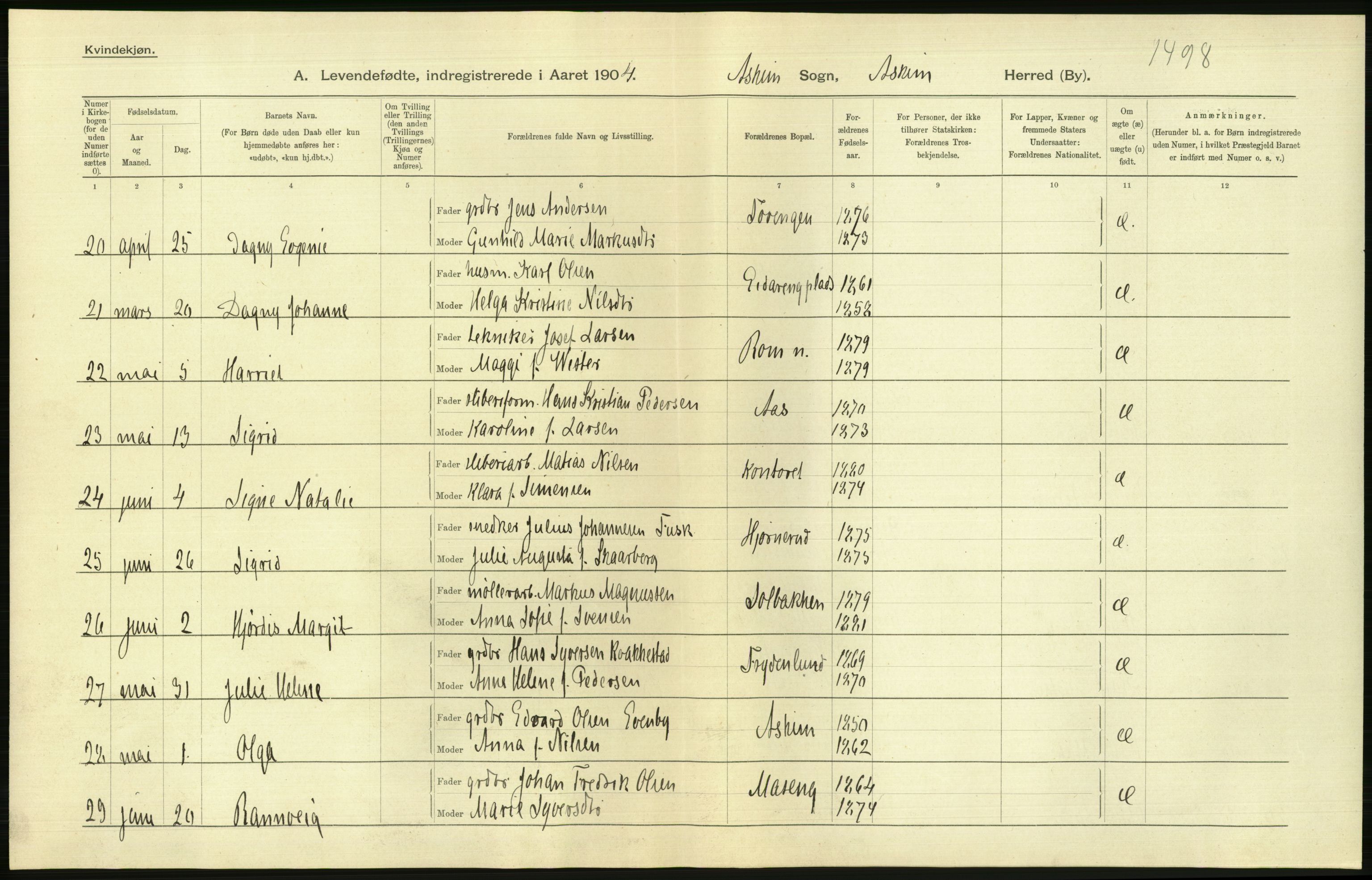 Statistisk sentralbyrå, Sosiodemografiske emner, Befolkning, AV/RA-S-2228/D/Df/Dfa/Dfab/L0001: Smålenenes amt: Fødte, gifte, døde, 1904, s. 196