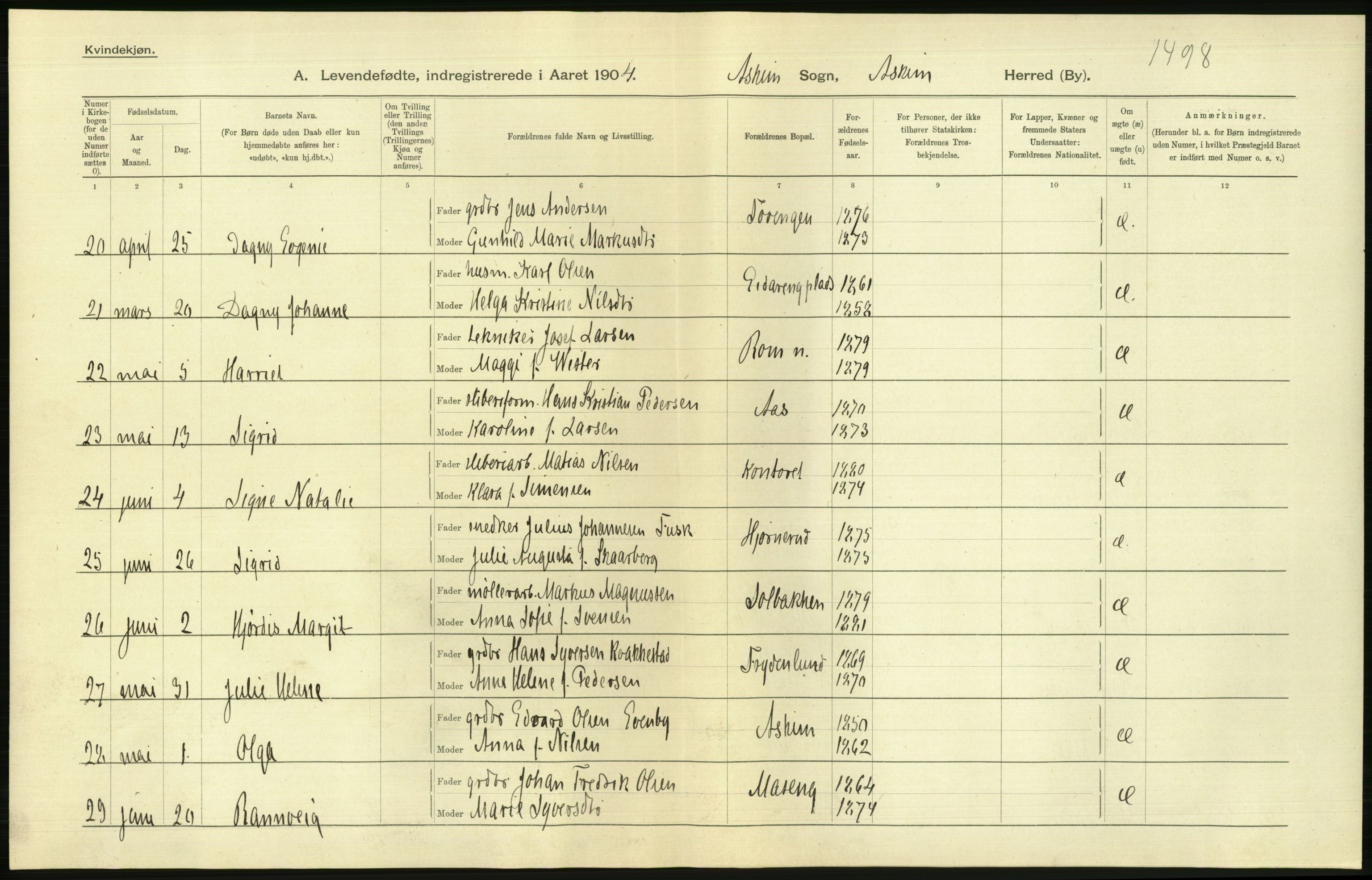 Statistisk sentralbyrå, Sosiodemografiske emner, Befolkning, RA/S-2228/D/Df/Dfa/Dfab/L0001: Smålenenes amt: Fødte, gifte, døde, 1904, s. 196