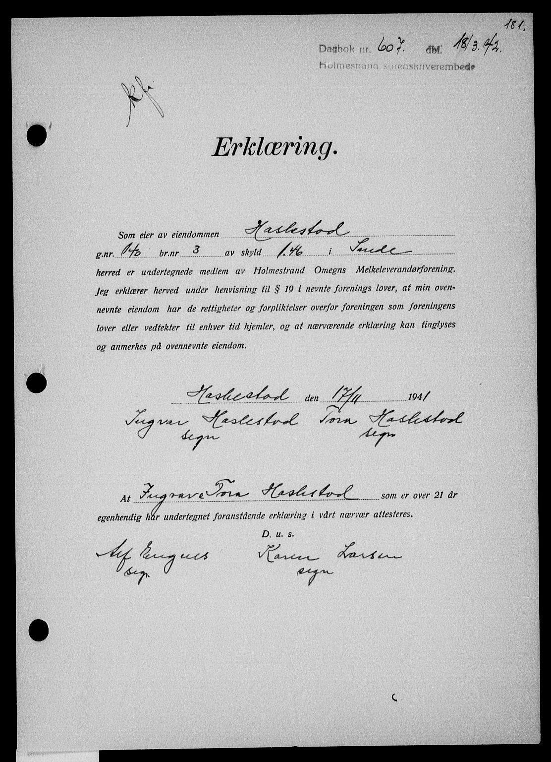 Holmestrand sorenskriveri, SAKO/A-67/G/Ga/Gaa/L0055: Pantebok nr. A-55, 1942-1942, Dagboknr: 607/1942