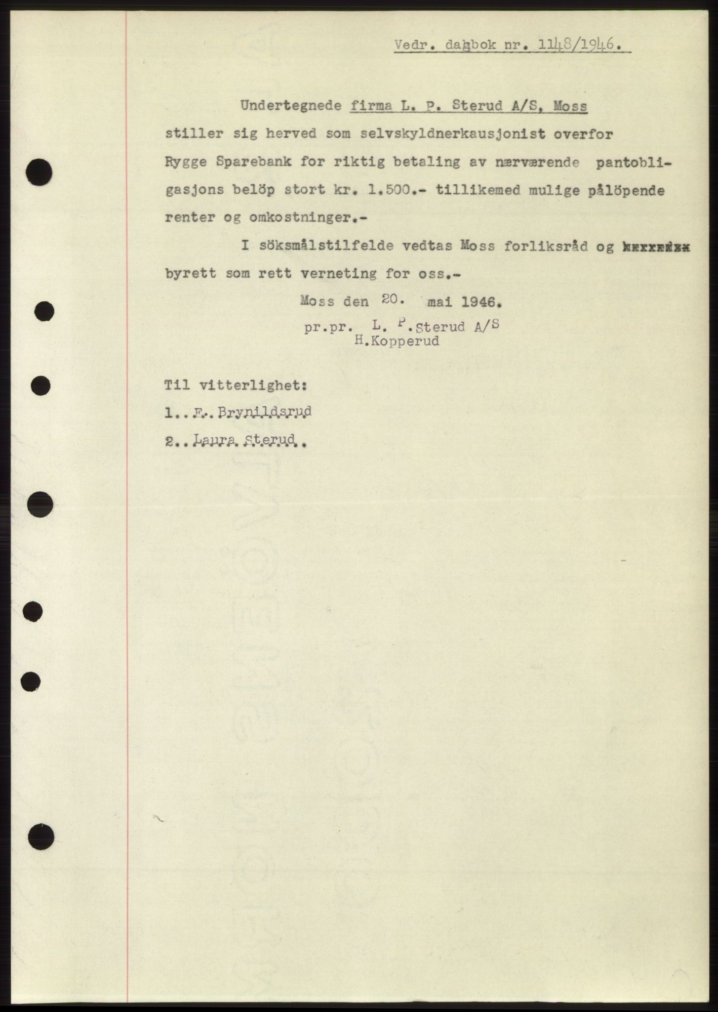Moss sorenskriveri, SAO/A-10168: Pantebok nr. B15, 1946-1946, Dagboknr: 1148/1946