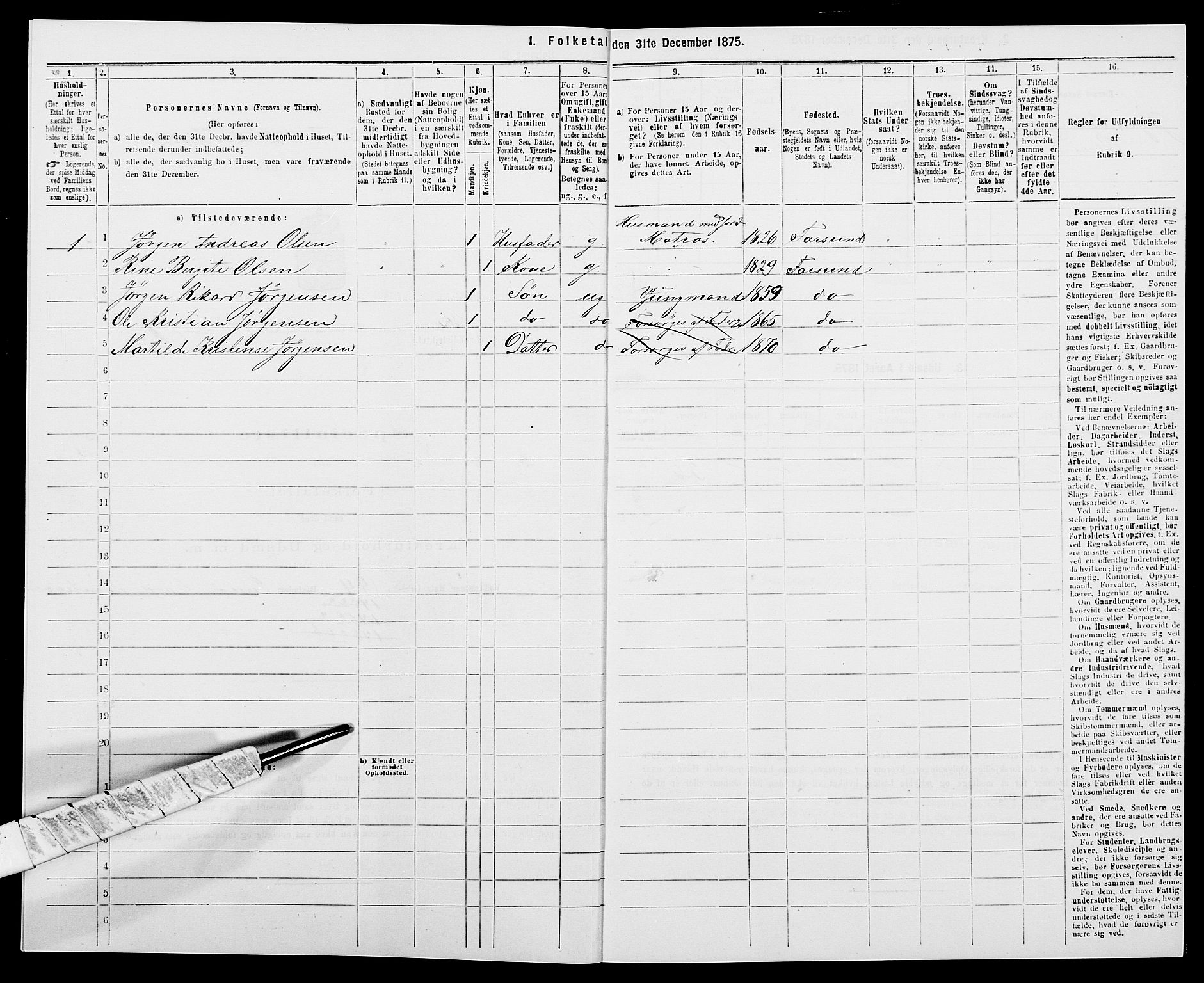 SAK, Folketelling 1875 for 1041L Vanse prestegjeld, Vanse sokn og Farsund landsokn, 1875, s. 265