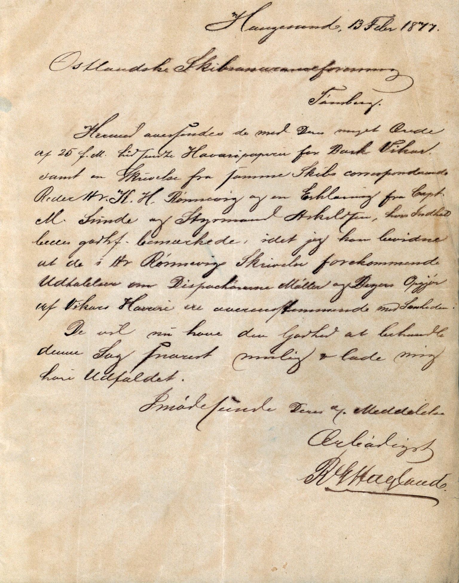Pa 63 - Østlandske skibsassuranceforening, VEMU/A-1079/G/Ga/L0008/0023: Havaridokumenter / Vikar, 1876