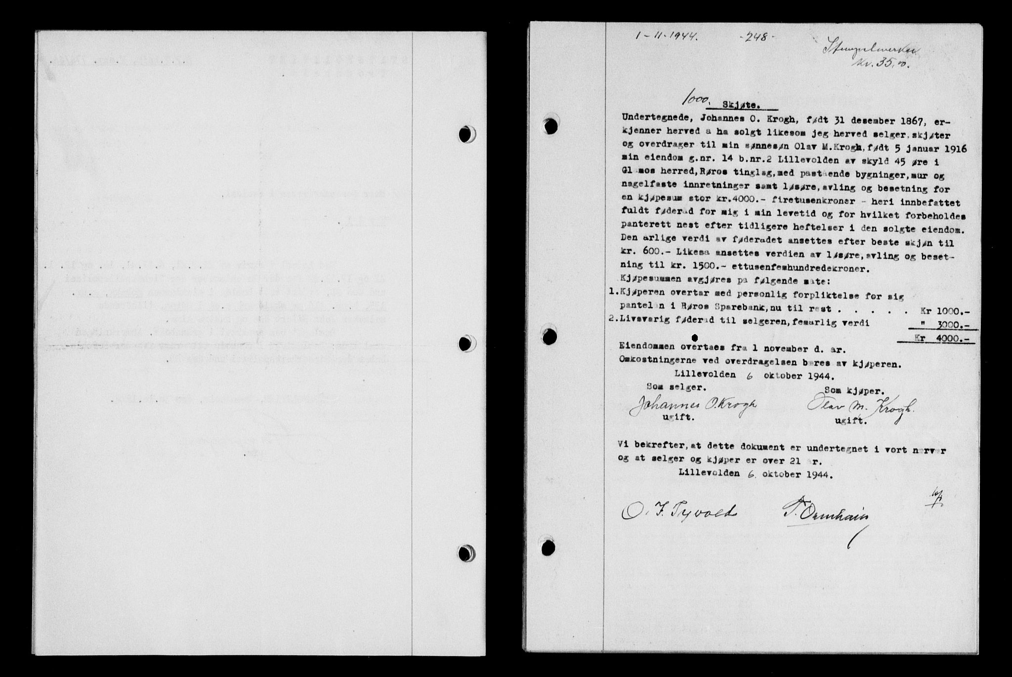 Gauldal sorenskriveri, SAT/A-0014/1/2/2C/L0058: Pantebok nr. 63, 1944-1945, Dagboknr: 1000/1944