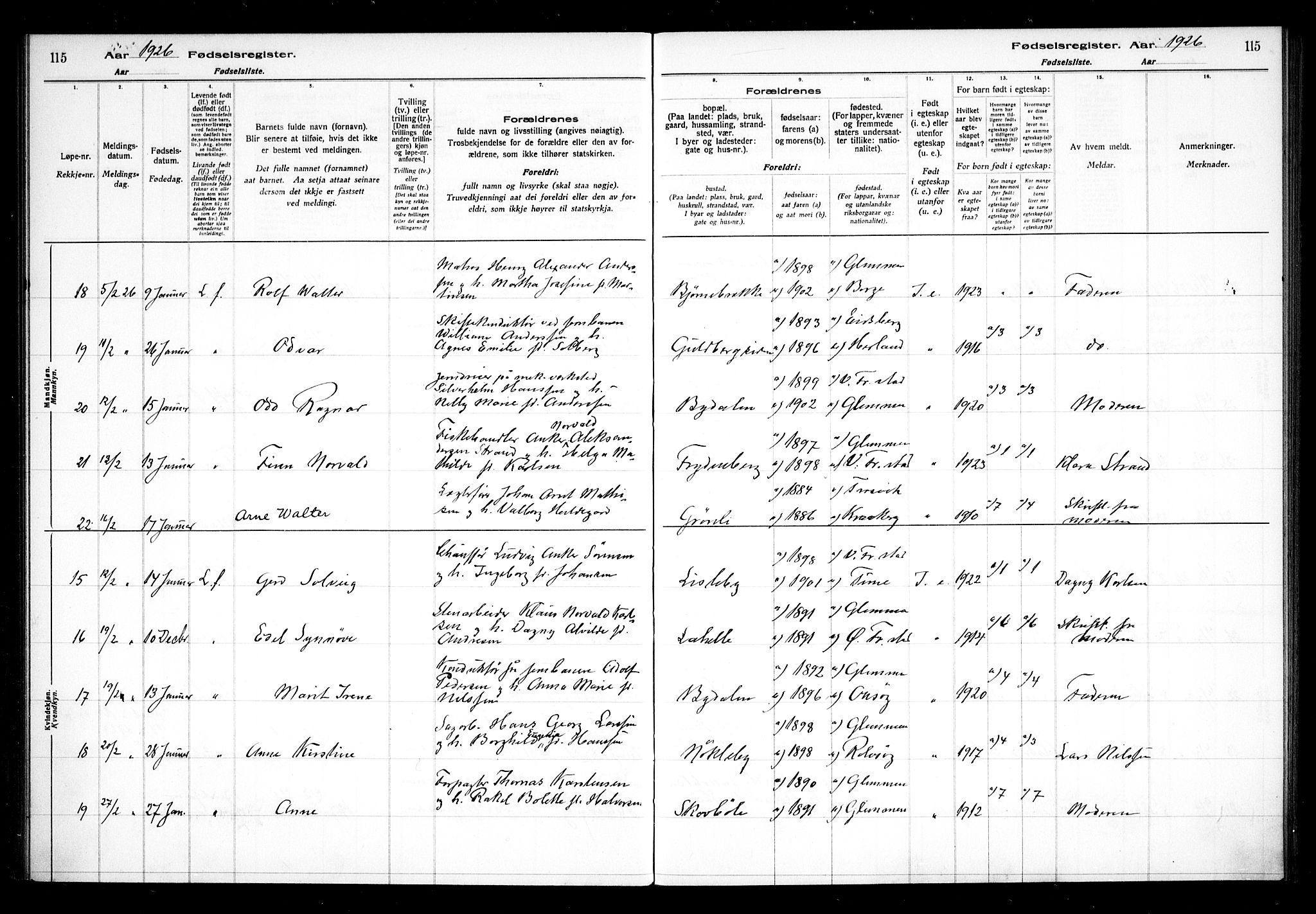 Glemmen prestekontor Kirkebøker, AV/SAO-A-10908/J/Ja/L0002: Fødselsregister nr. I 2, 1922-1929, s. 115