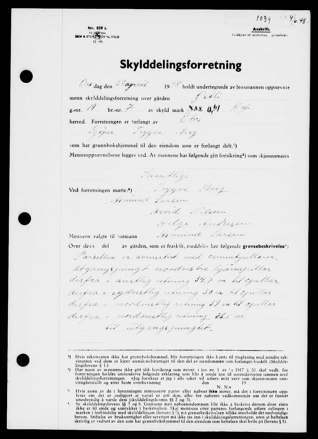 Holmestrand sorenskriveri, SAKO/A-67/G/Ga/Gaa/L0064: Pantebok nr. A-64, 1948-1948, Dagboknr: 1039/1948